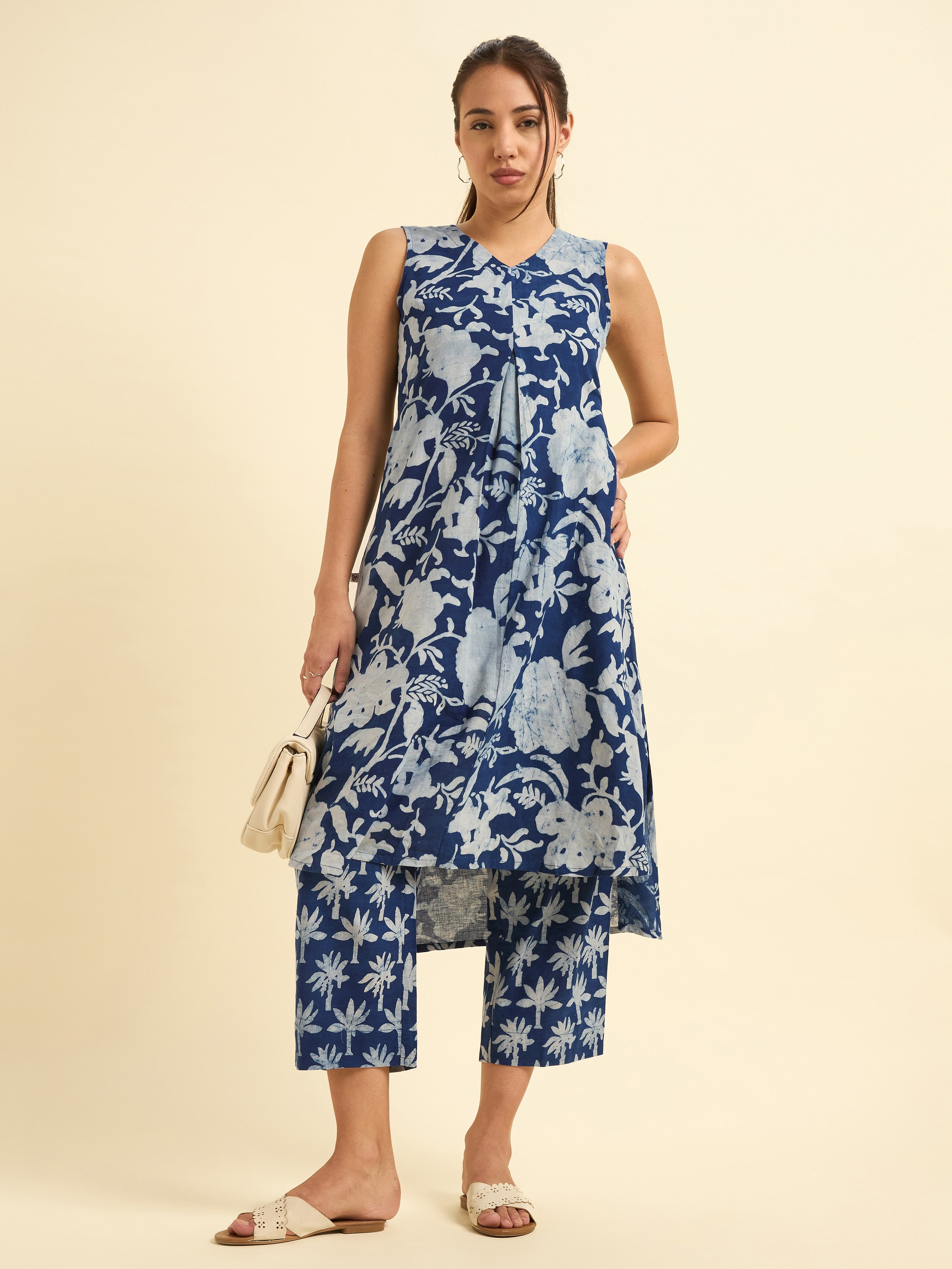 Indigo Cotton Natural Printed Kurti With Bottom
