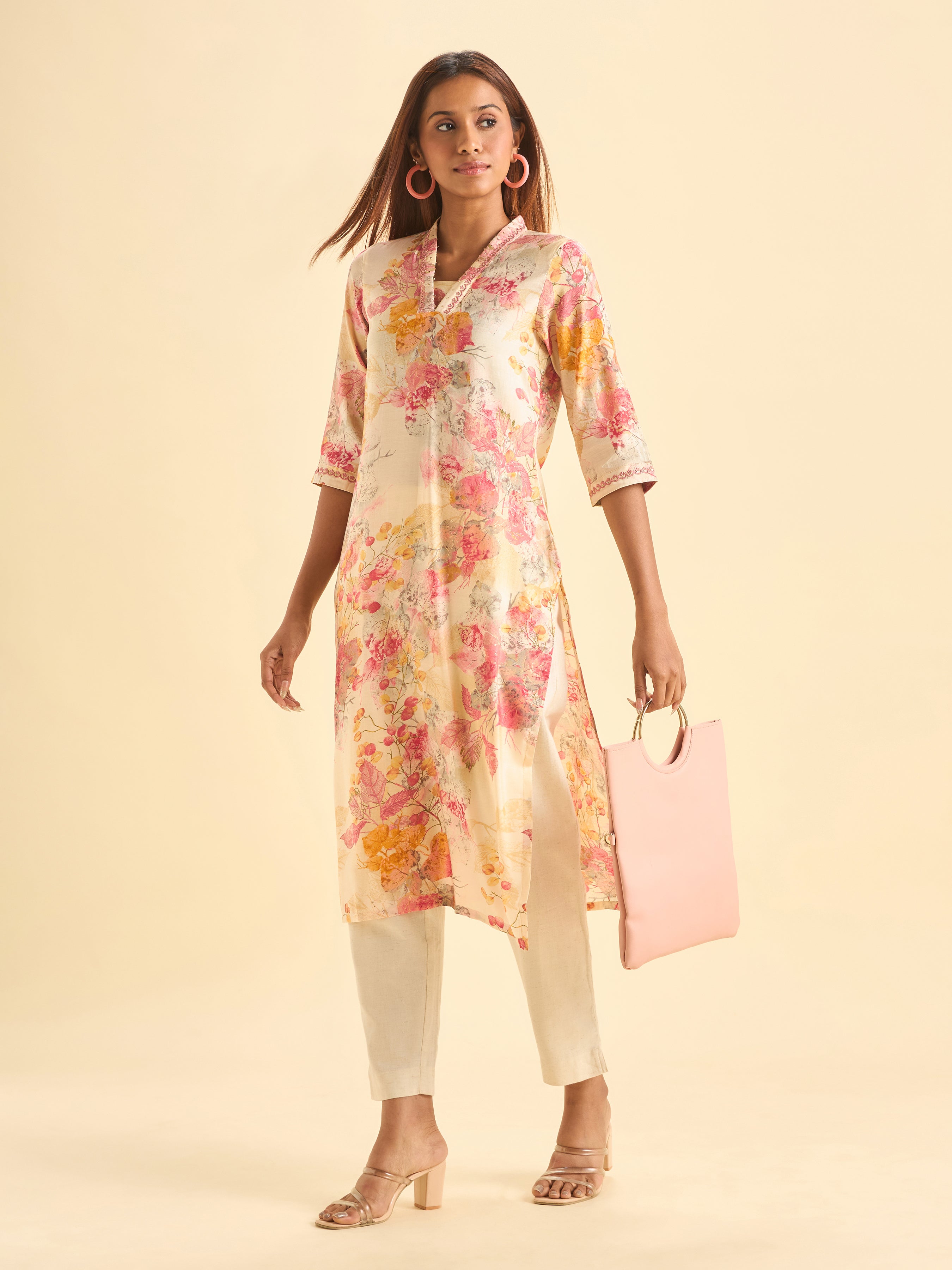 Multi Colour Modal Chanderi Printed Slited Kurti With Sequence Embroidery