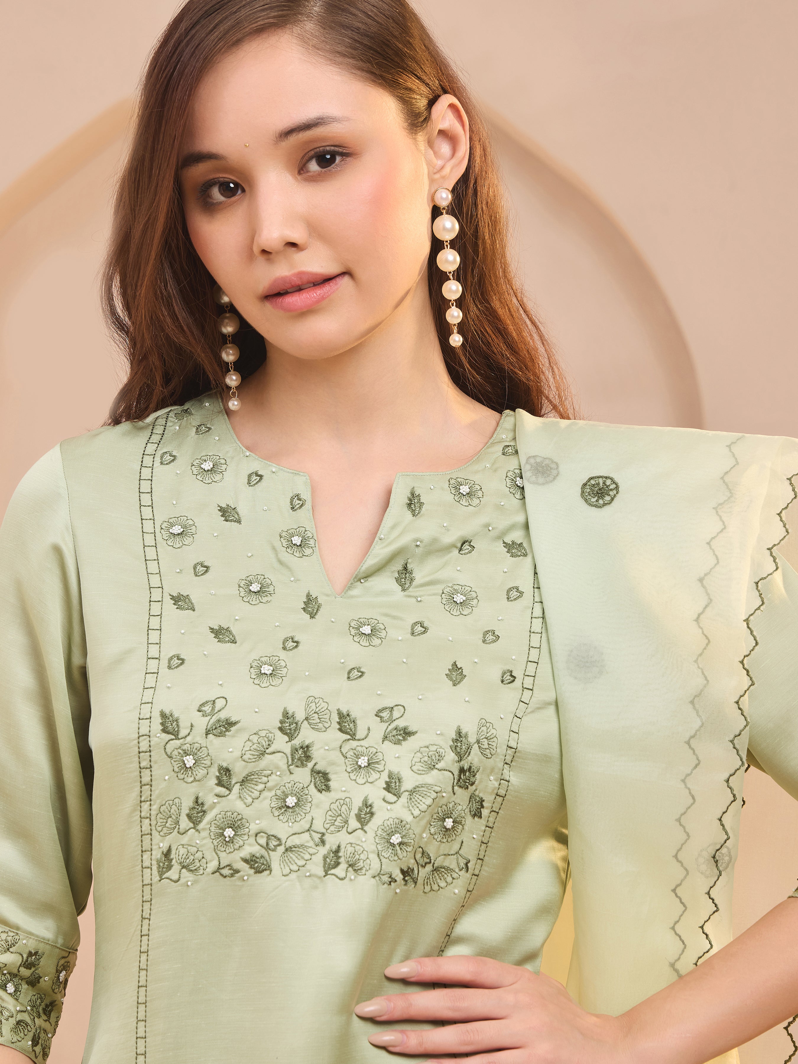 Mint Green Viscose Linen Kurti Set & Dupatta With Handwork Embroidery