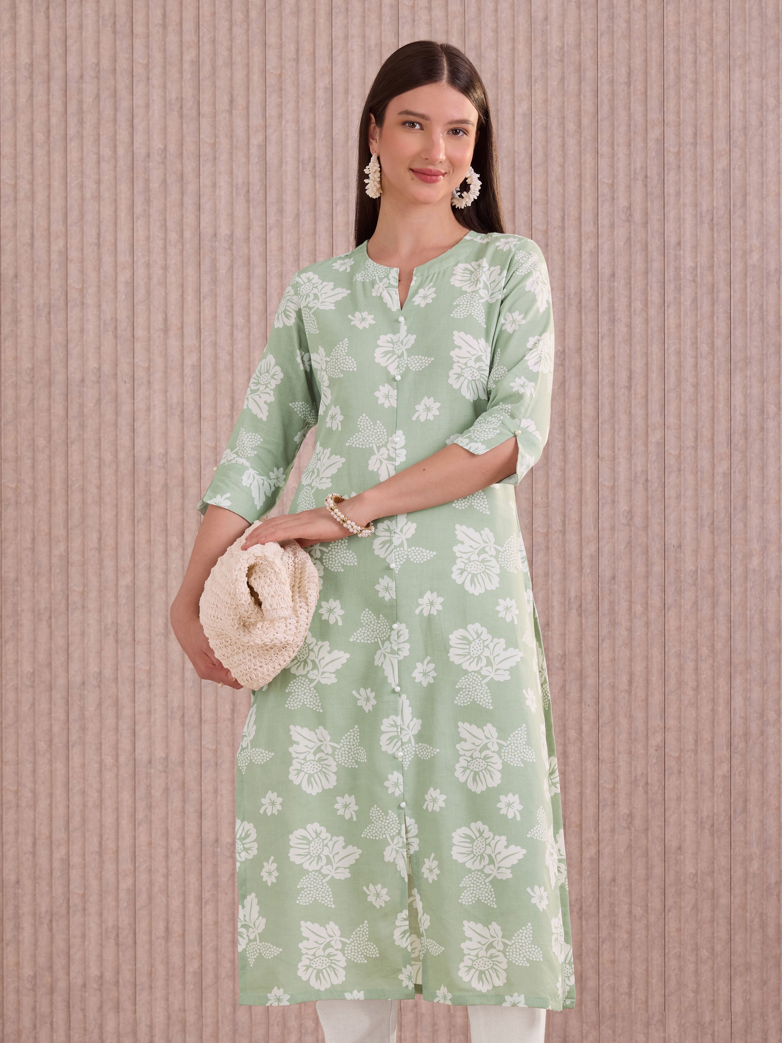 Mint Green Cotton Flax Printed Kurti