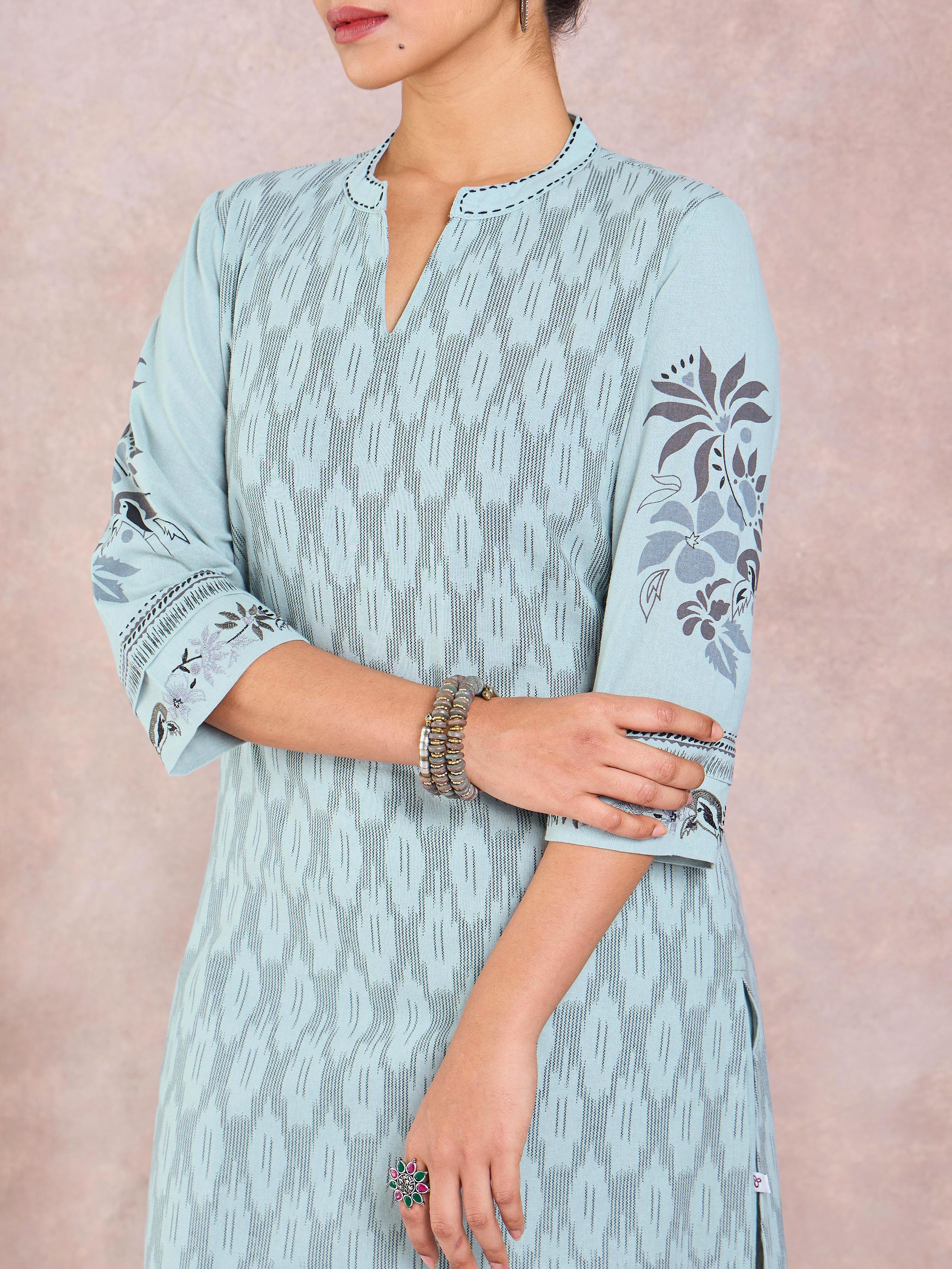 Sage Green Cotton Flax Printed Kurti With Embroidery