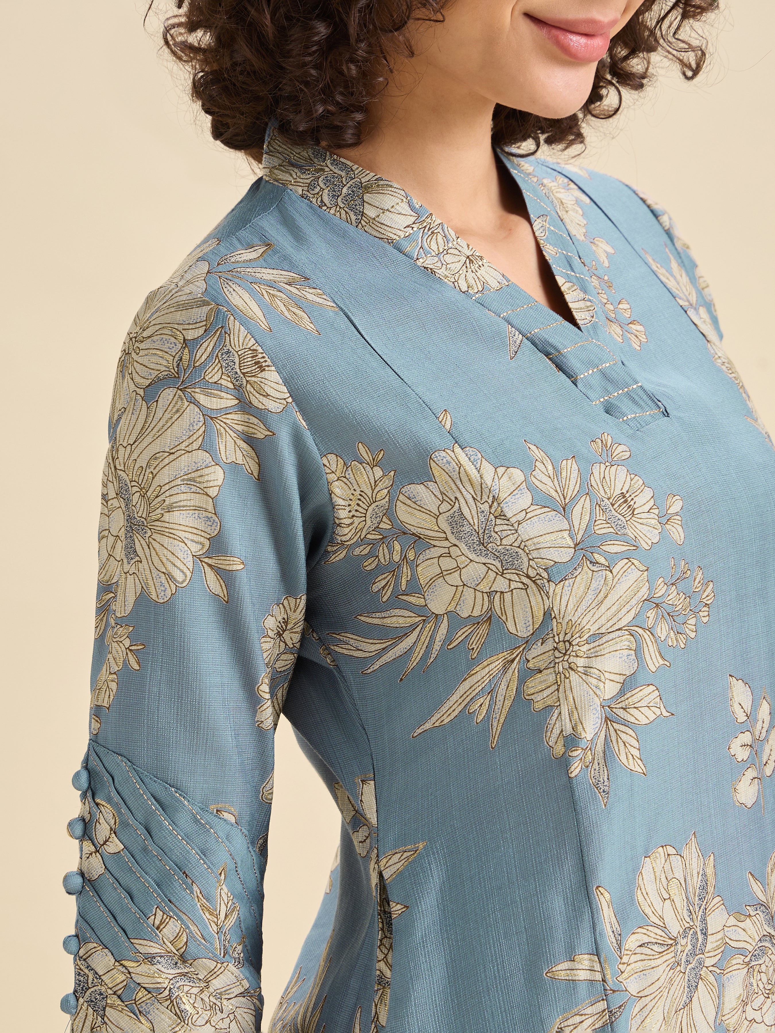 Sky Blue Viscose Blend Printed Kurta With Embroidery