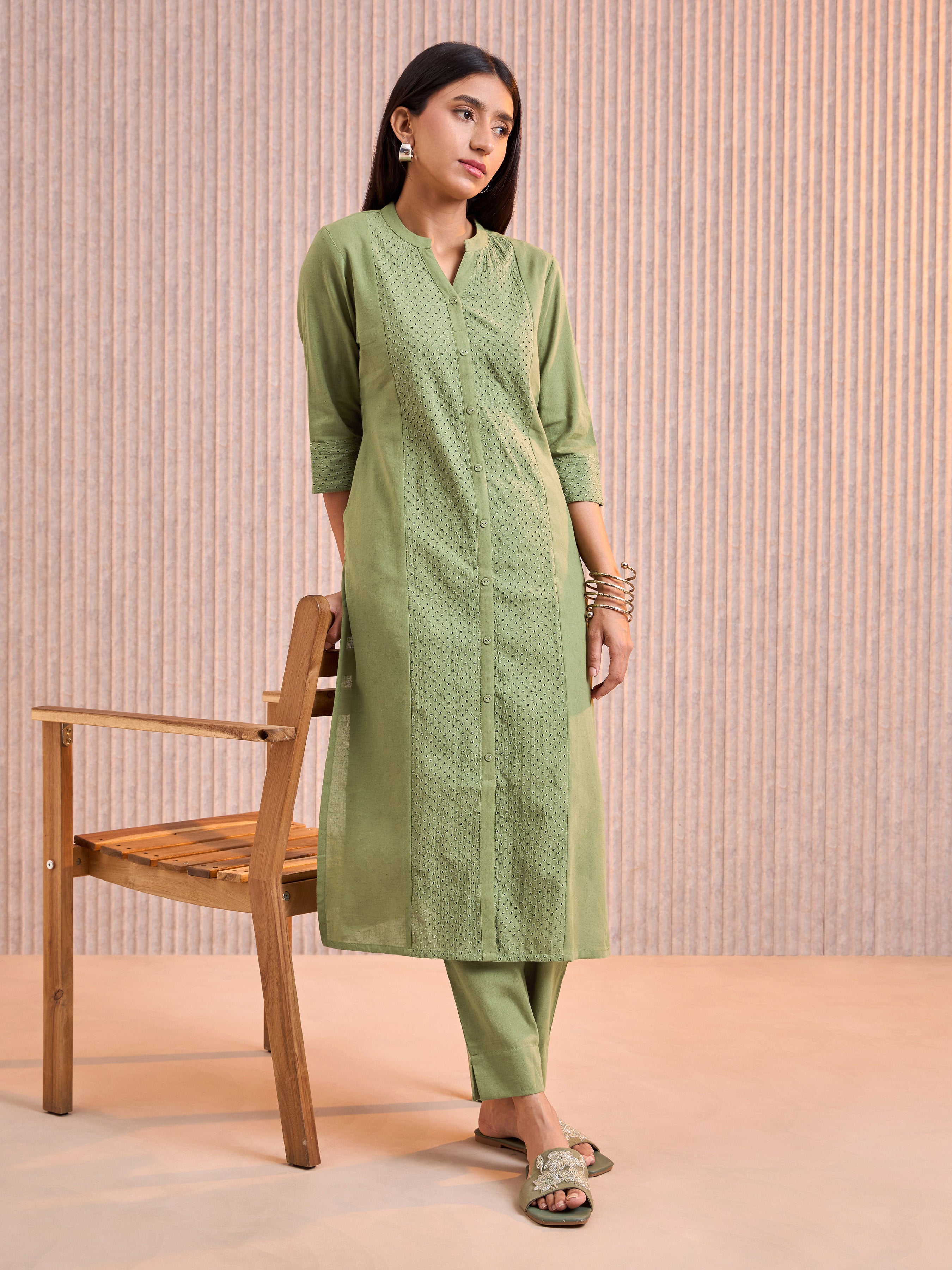 Olive Green Cotton Flax Kurti & Bottom With Lace