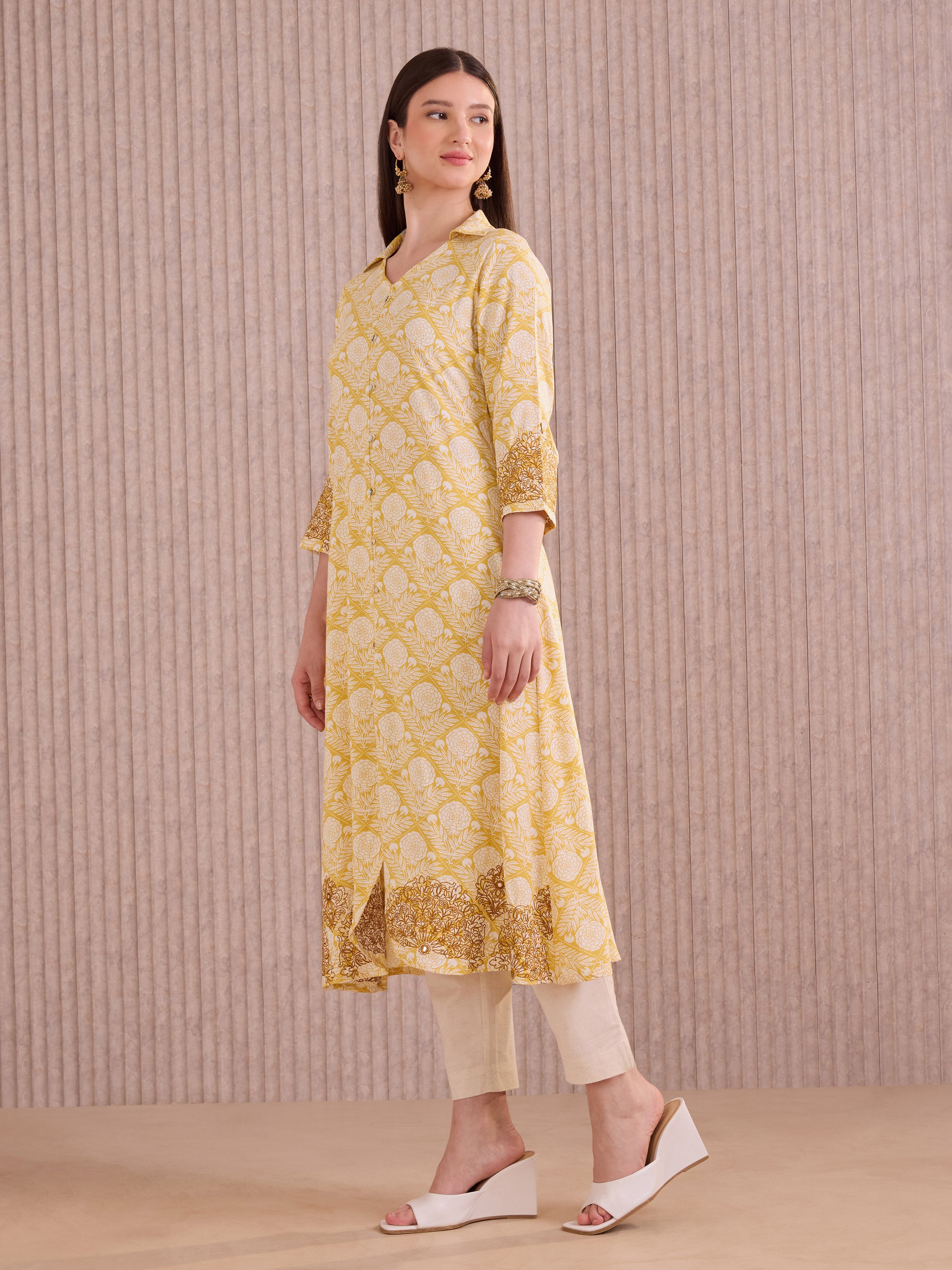 Yellow Viscose Printed Kurti With Embroidery