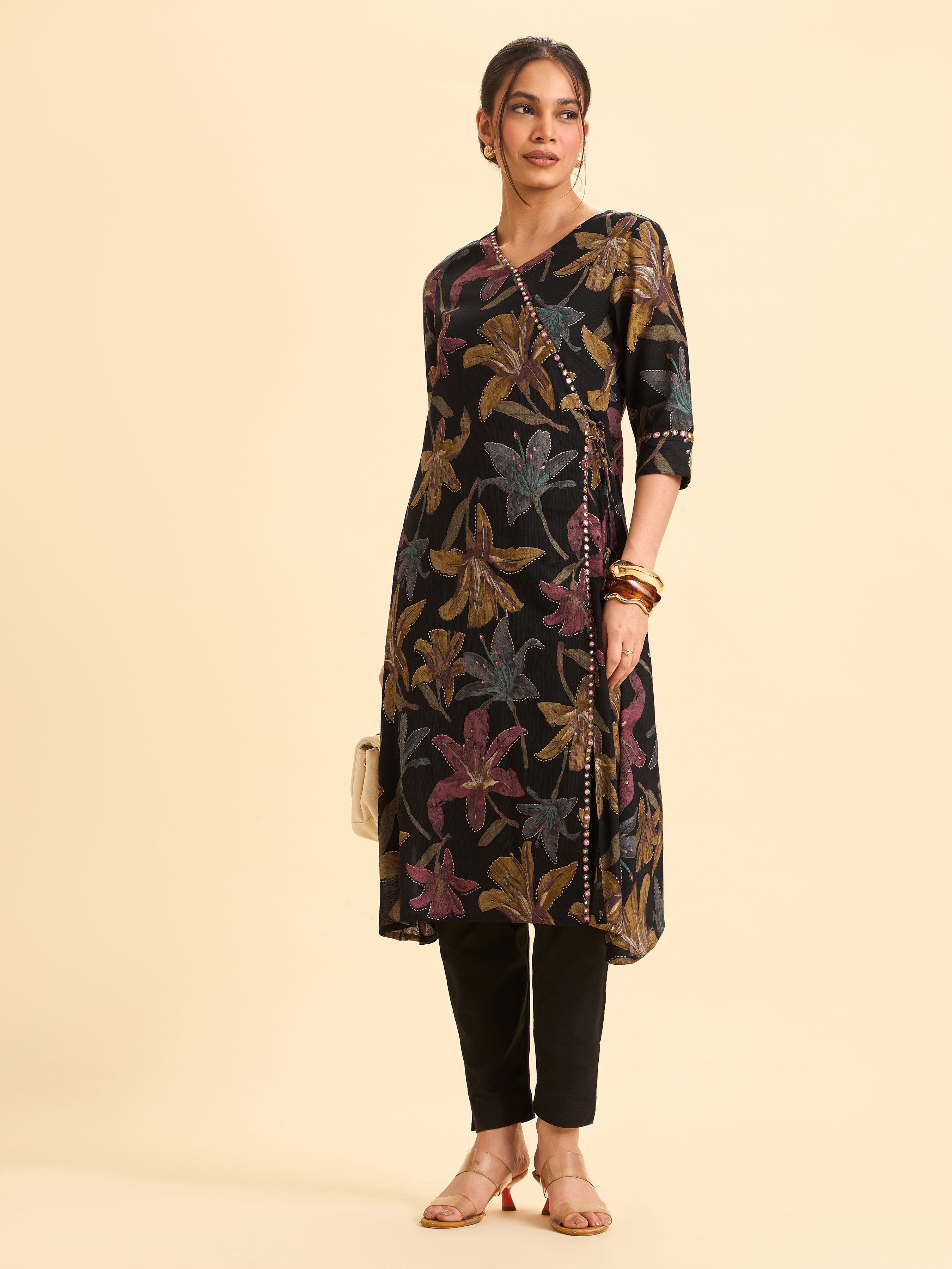 Black Viscose BlendMulti Colour Printed Flared Kurti With Mirror Work