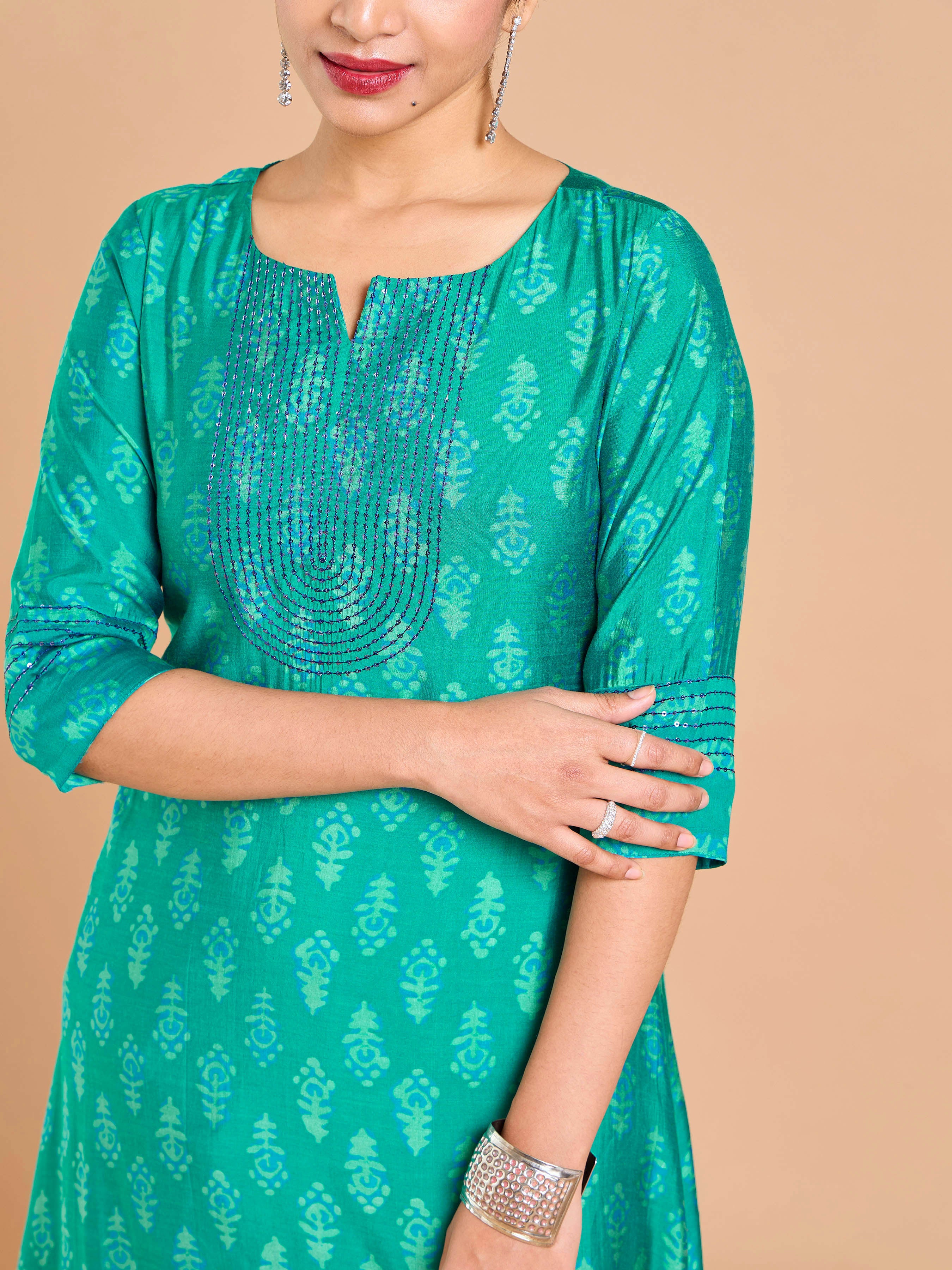 Peacock Blue Modal Chanderi Foil Printed  Kurti With  Sequins Work