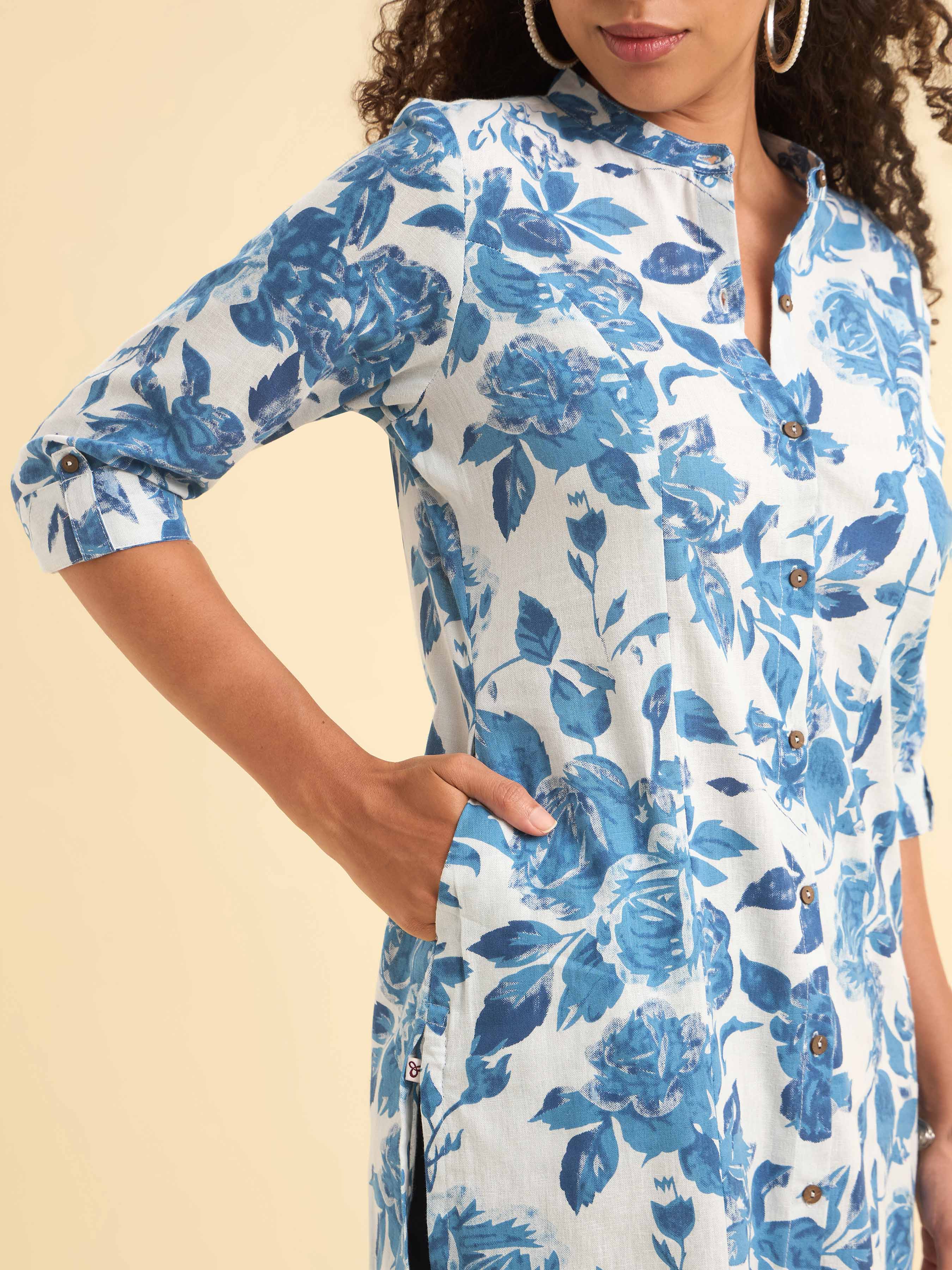 White Blue Colour Cotton Flax Printed Slit Kurti With Placket