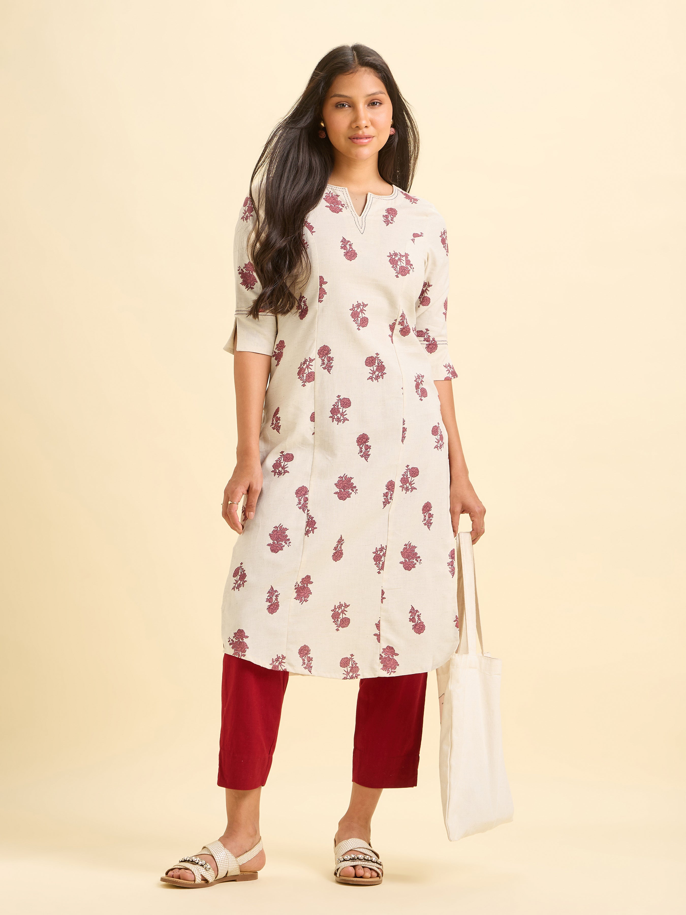 Ivory Maroon Cotton Flax Printed Slit Kurti With Running Stitch Embroidery