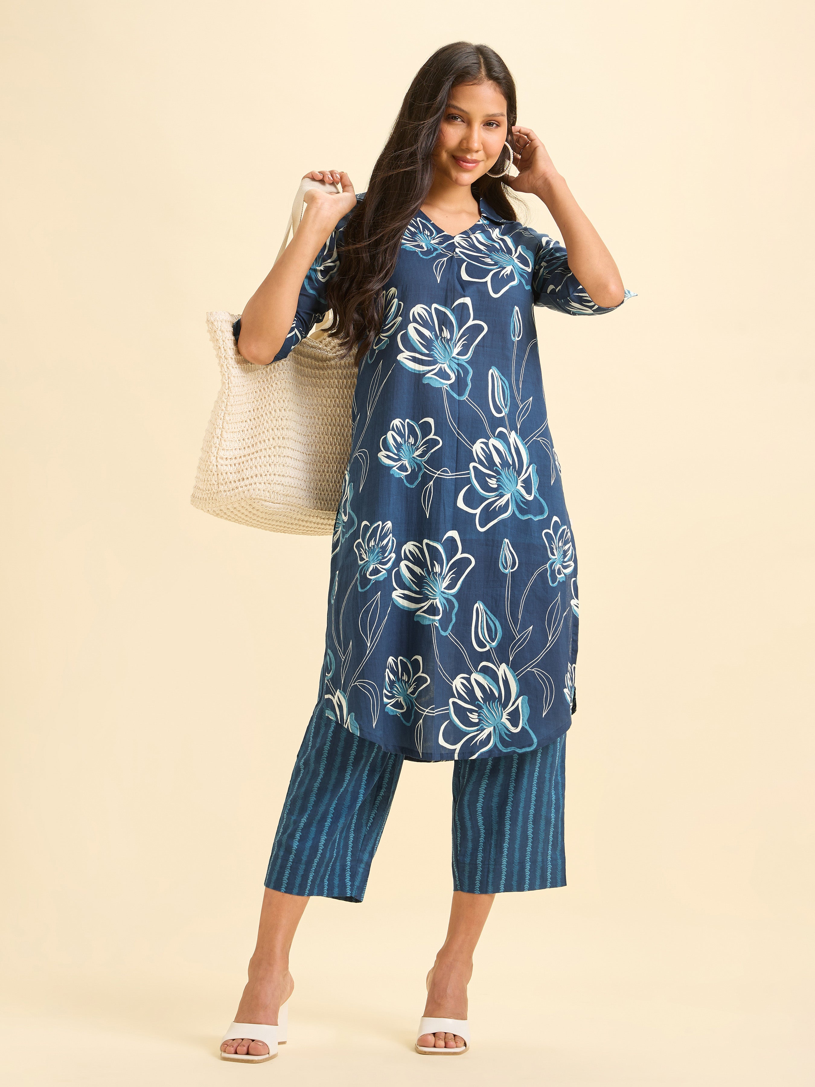 Royal Blue Pure Cotton Printed Slited Kurti Set With Knife Pleats And Curved Hem Line