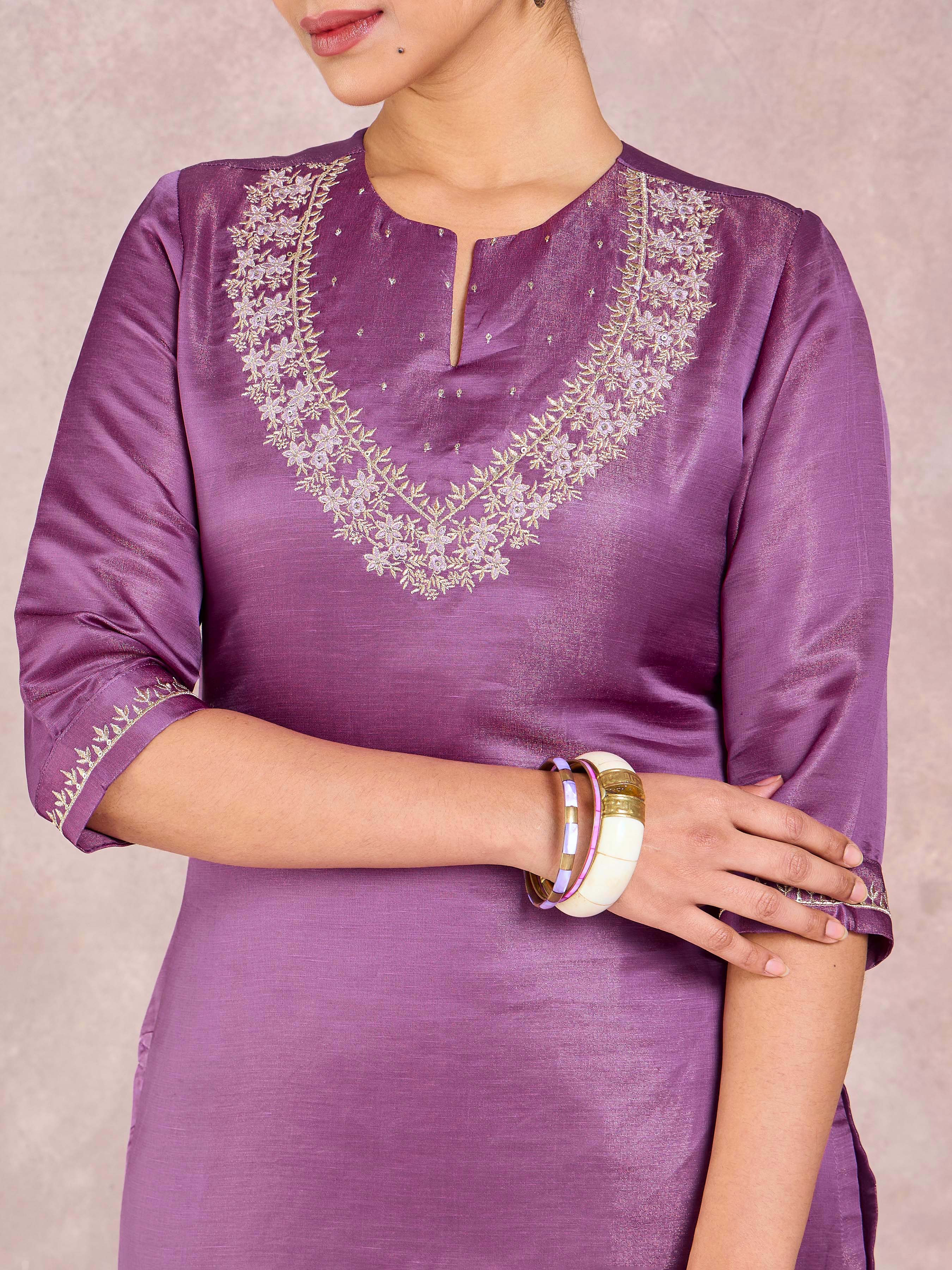 Purple Satin Shimmer Kurti & Bottom Set With Hand Work