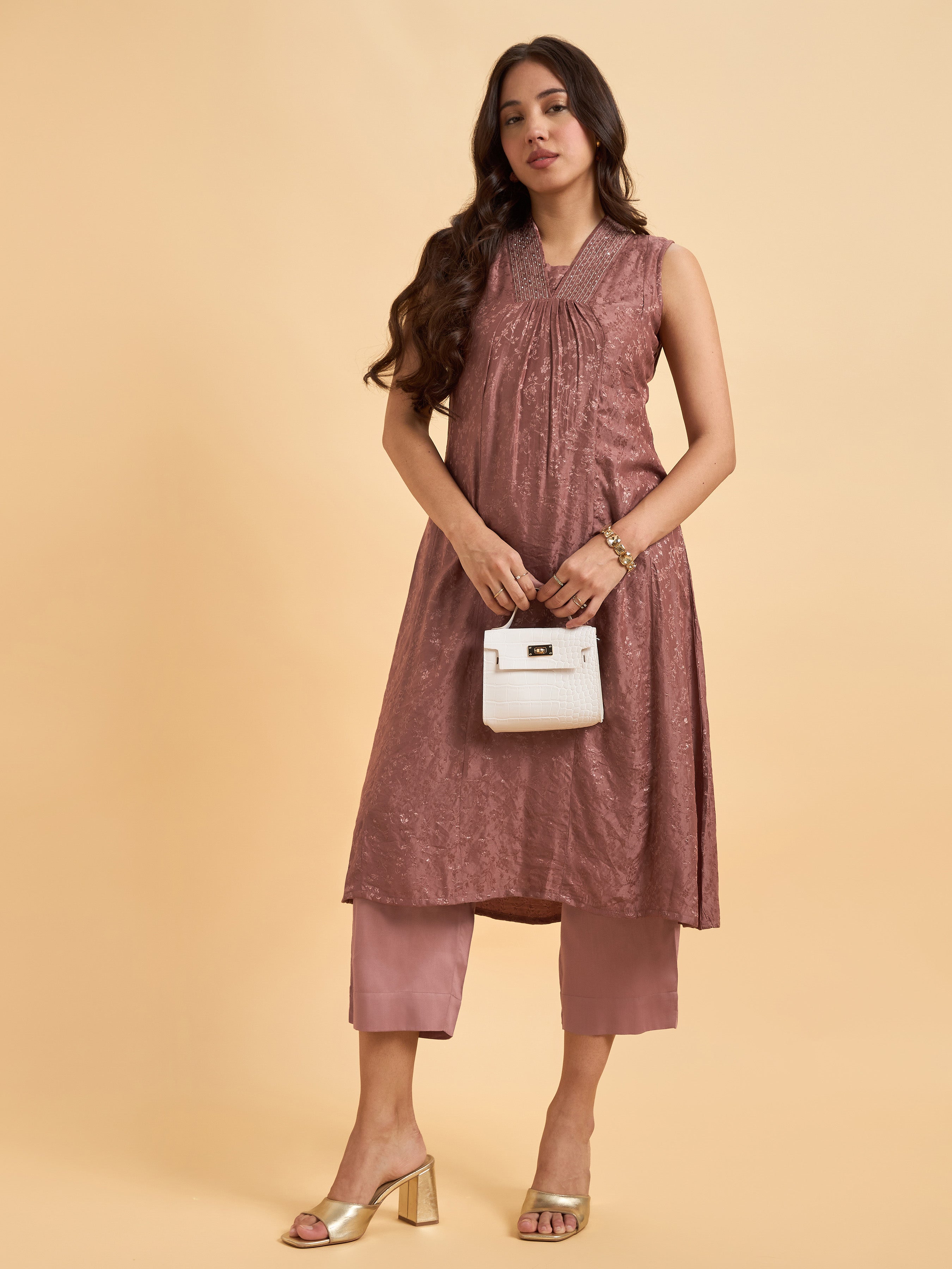 Brown Viscose Jacquard Kurti Set With Bead Work And Sequins
