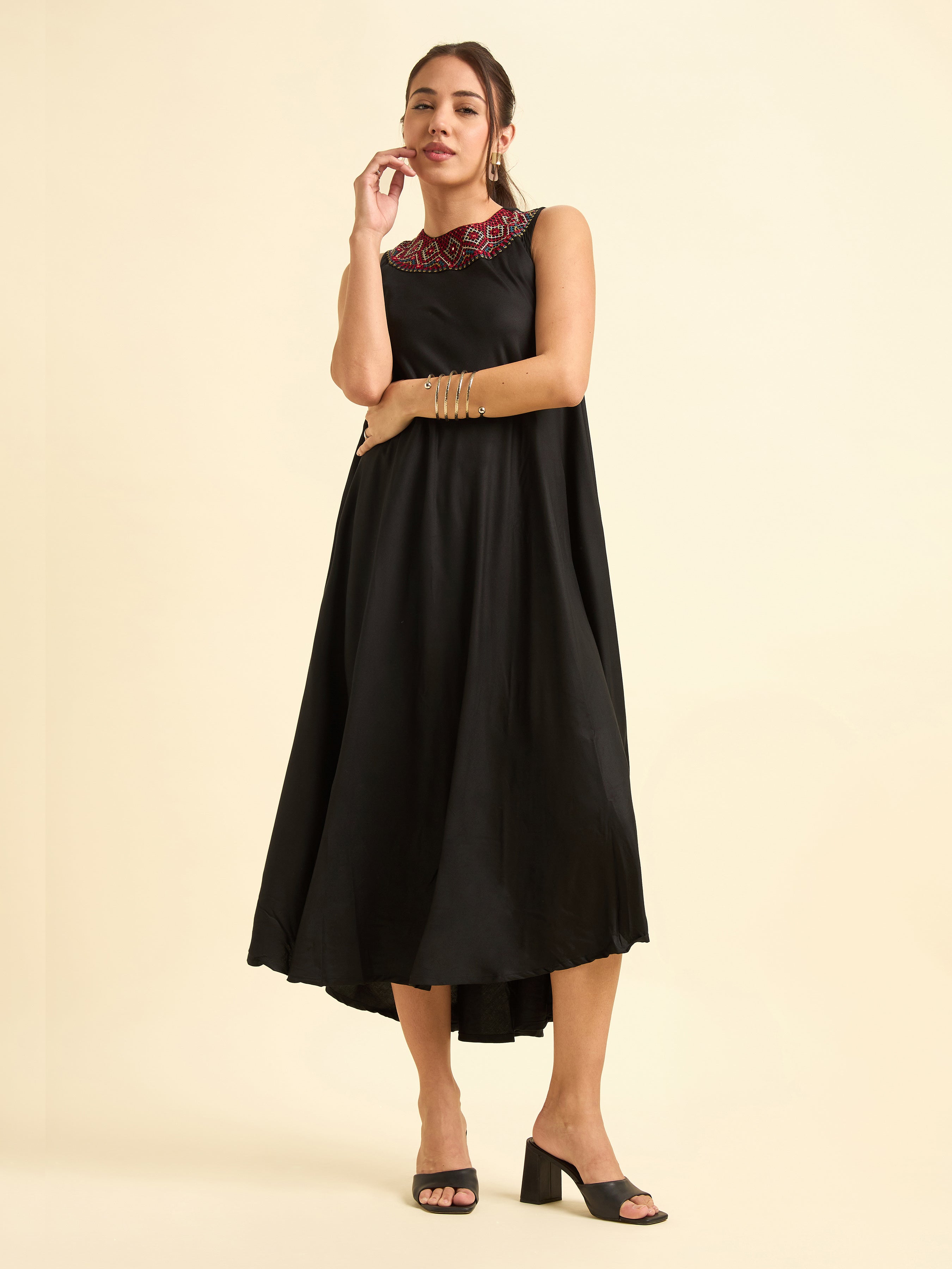 Black Colour Viscose Plain Flared Kurti With Mirror Work Embroidery