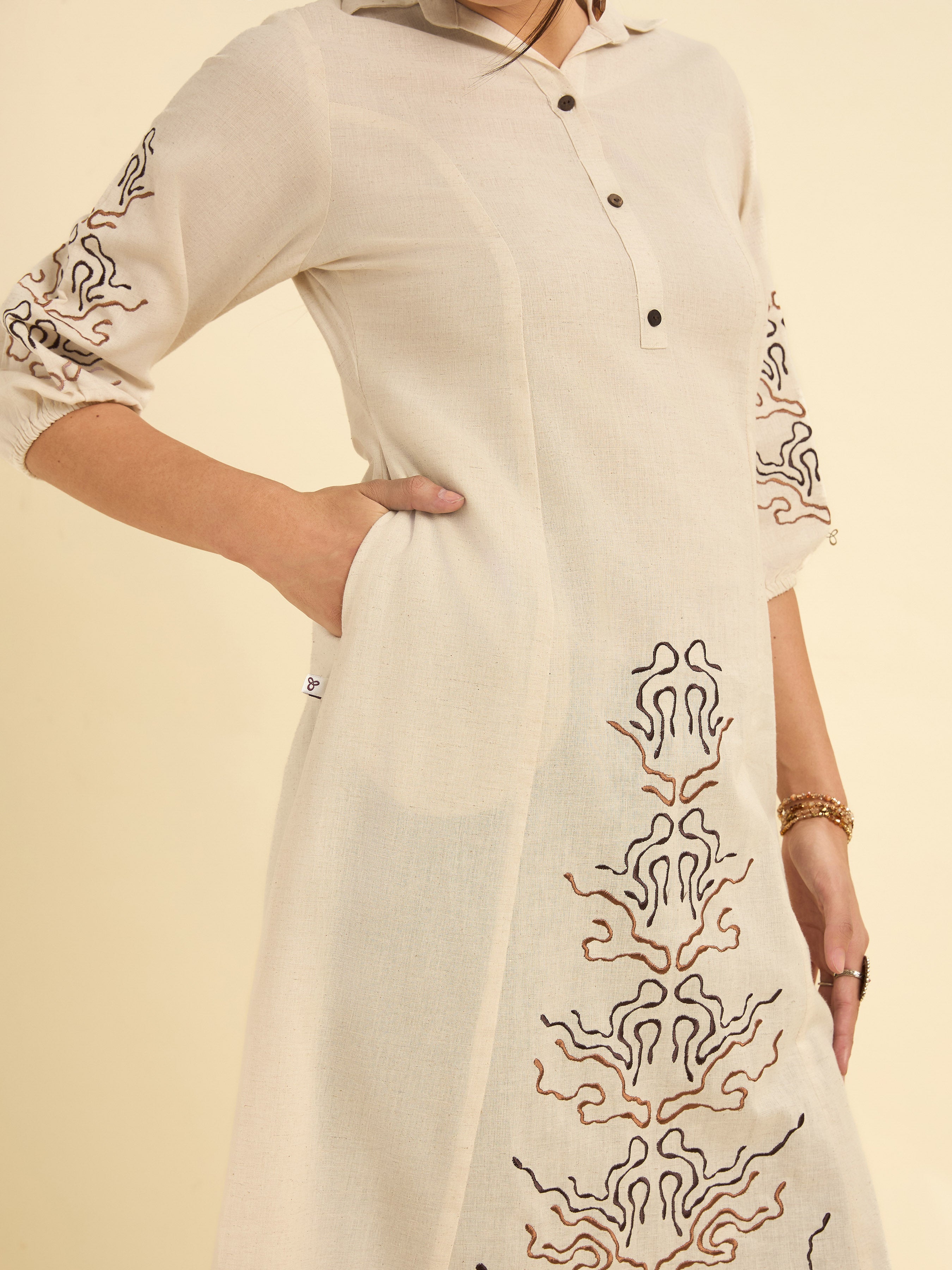 Ivory Cotton Flax Flared Kurti With Princess Cut And Embroidery