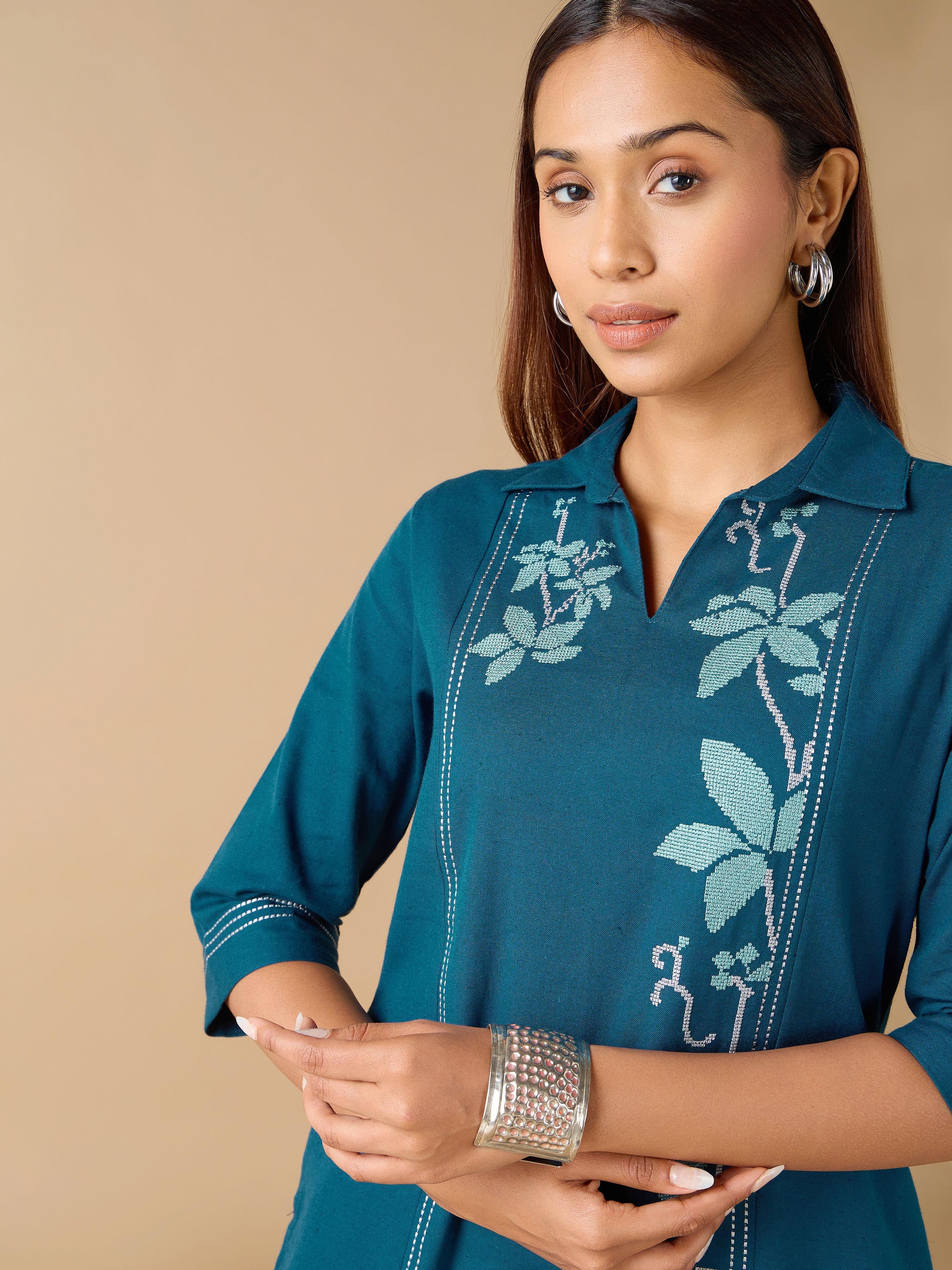 Denim Blue Cotton Flax Kurti With Cross Stitch Embroidery