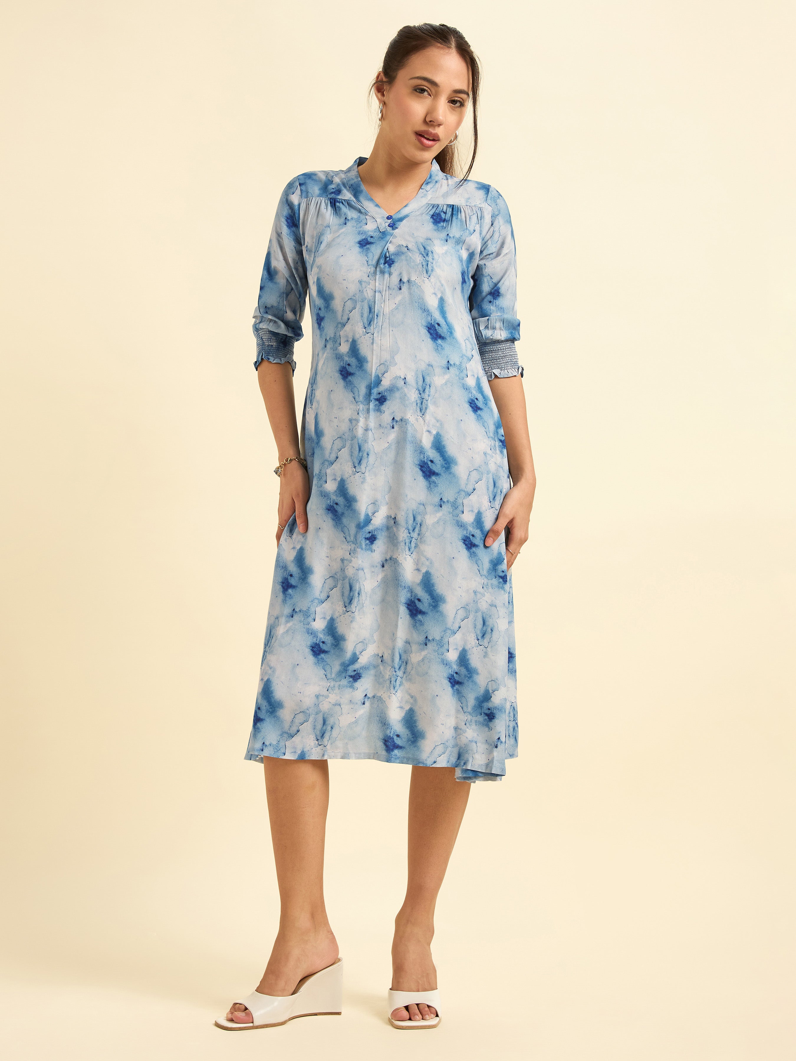 Sky Blue Muticolour Vicose Printed Flared Kurti With Smocking And Knife Pleat