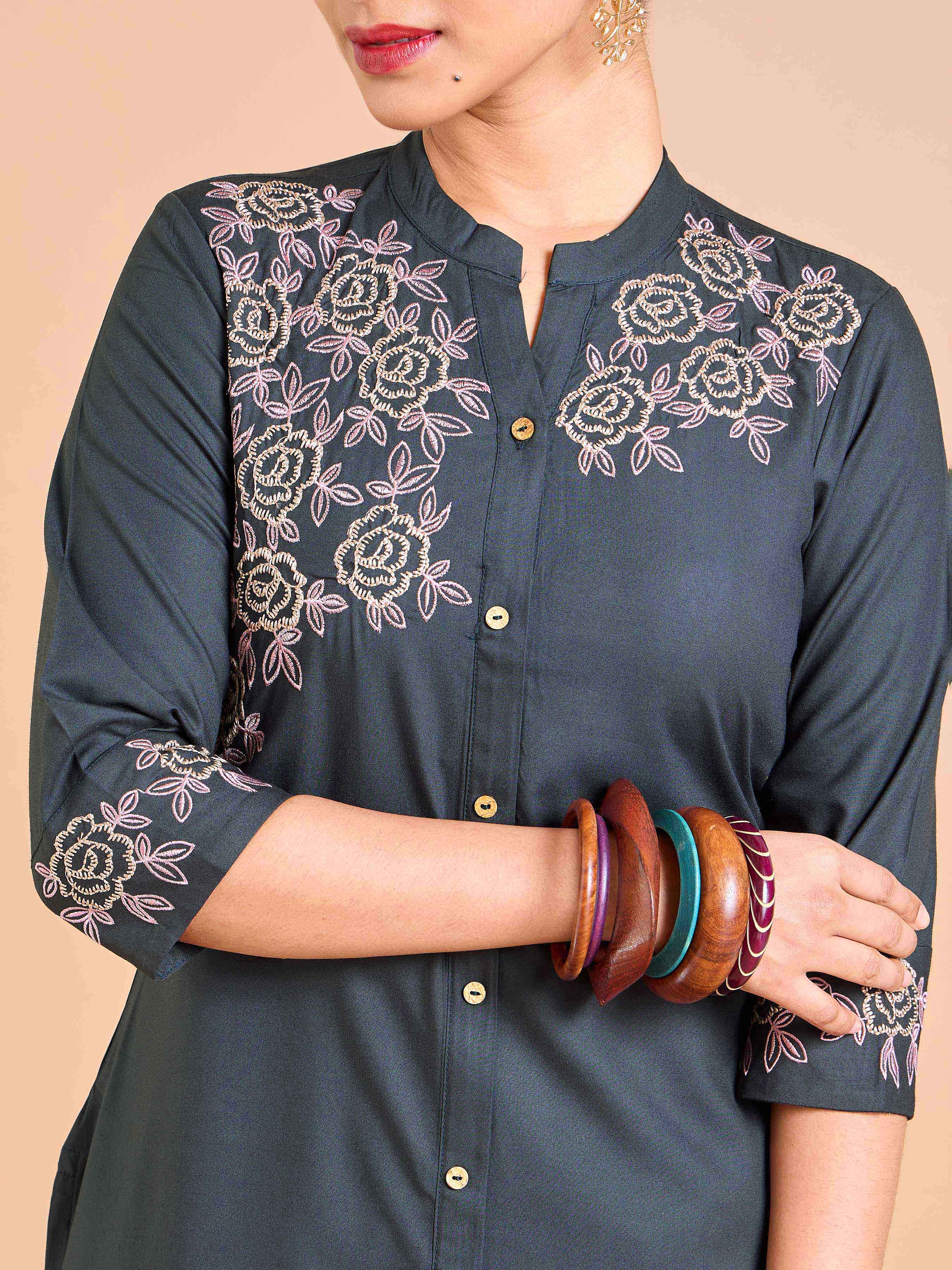 Dark Grey Viscose Plain Kurti With Embroidery