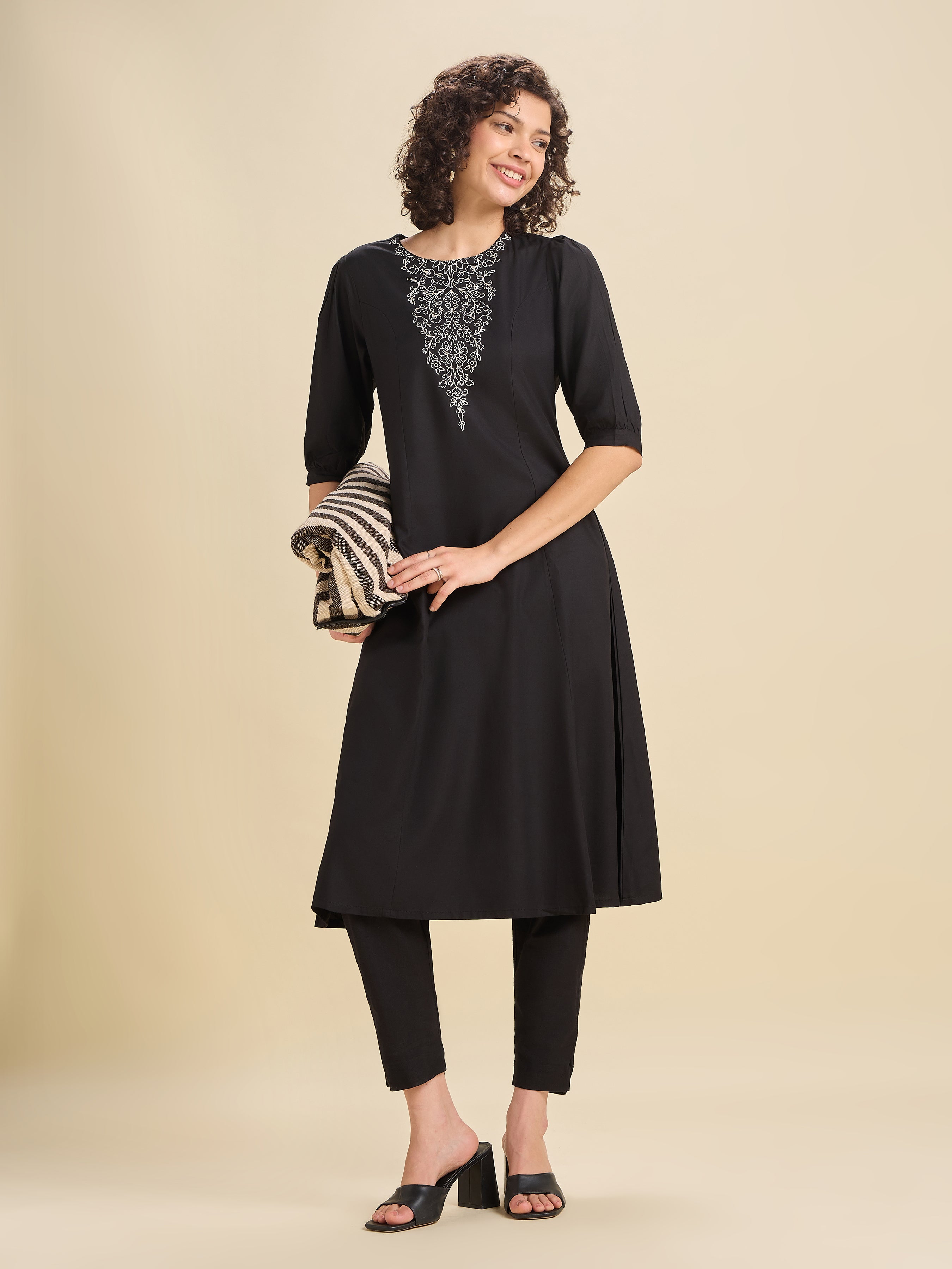 Black Viscose Plain Flared Center Panel Kurti With Embroidery