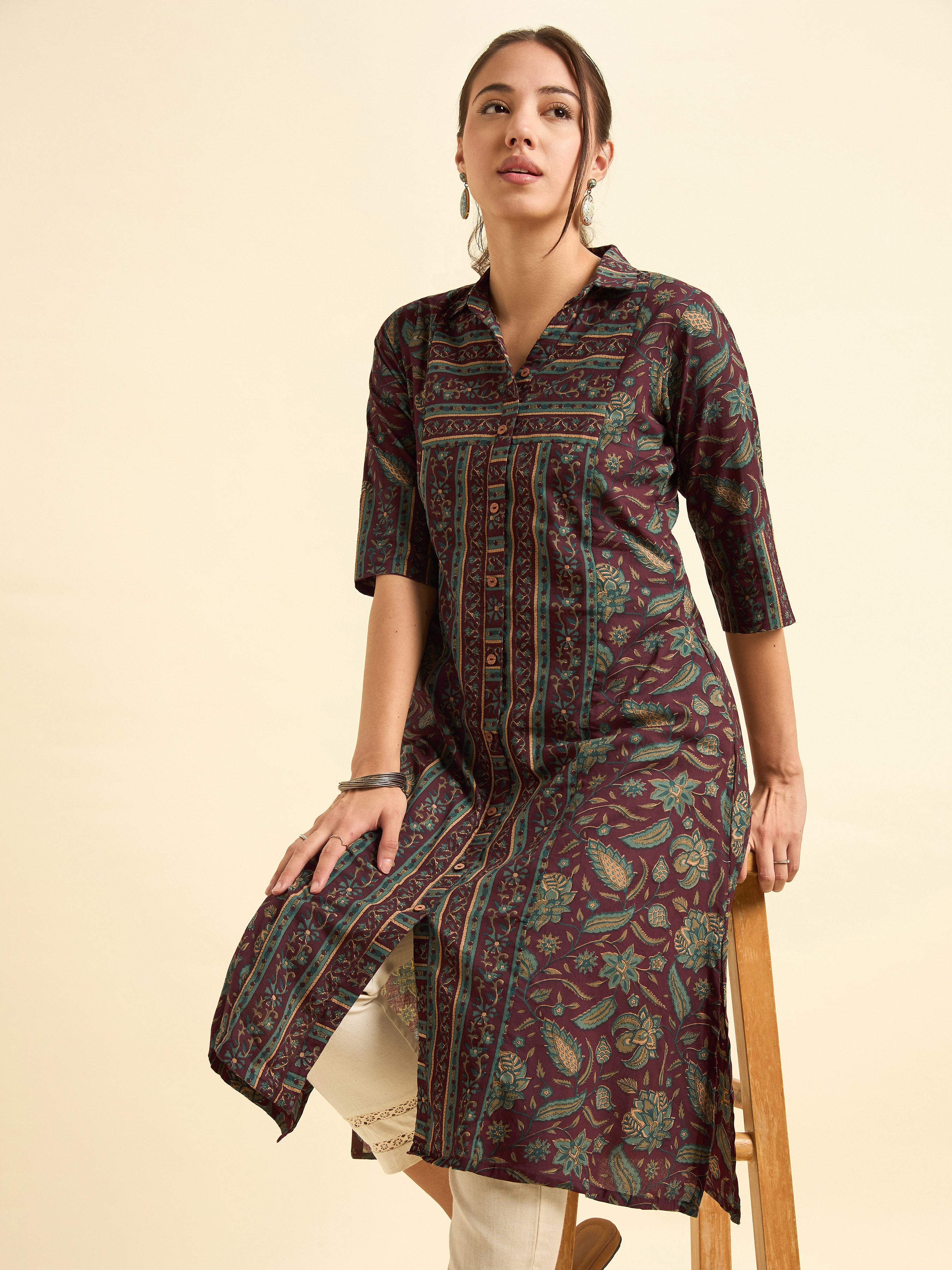 Maroon Multicolour Pure Cotton Flared Printed Kurti With Centre Panel Cut