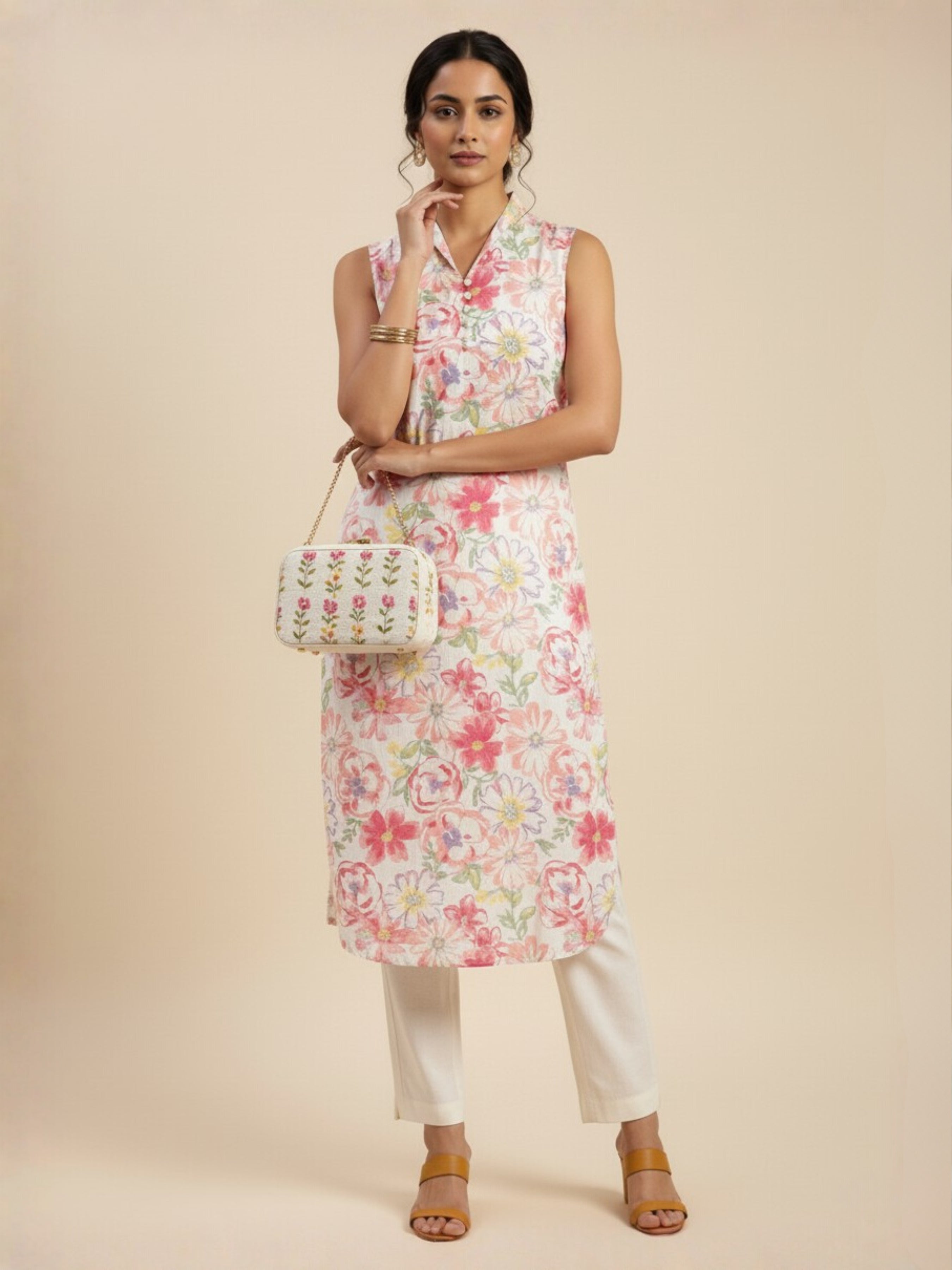 Ivory Multicolour Cotton Flax Printed Slited Kurti With Liberty Cut