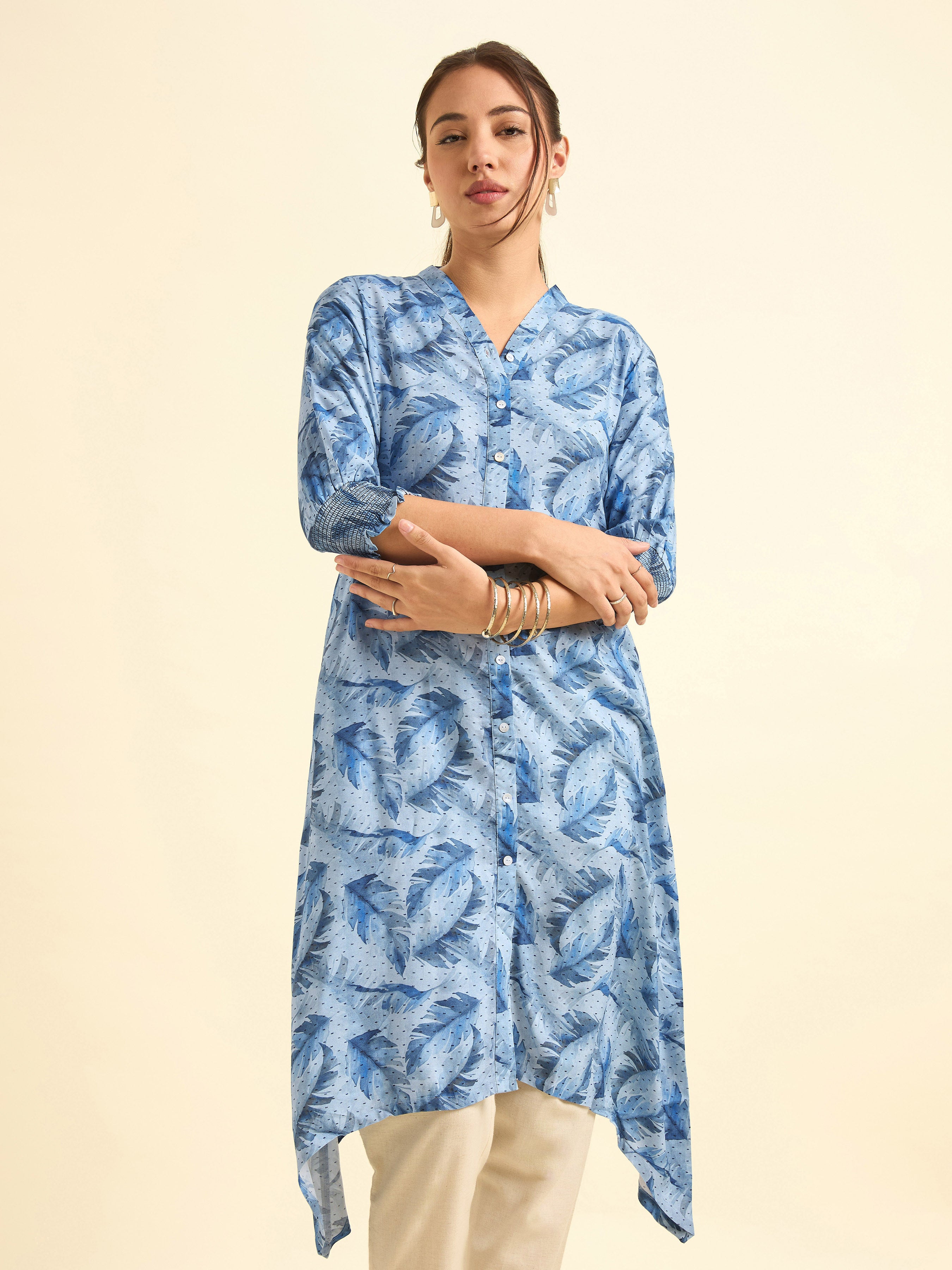 Blue Multi Colour Viscose Dobby Printed Kurti With Smocking And Shaped Hemline