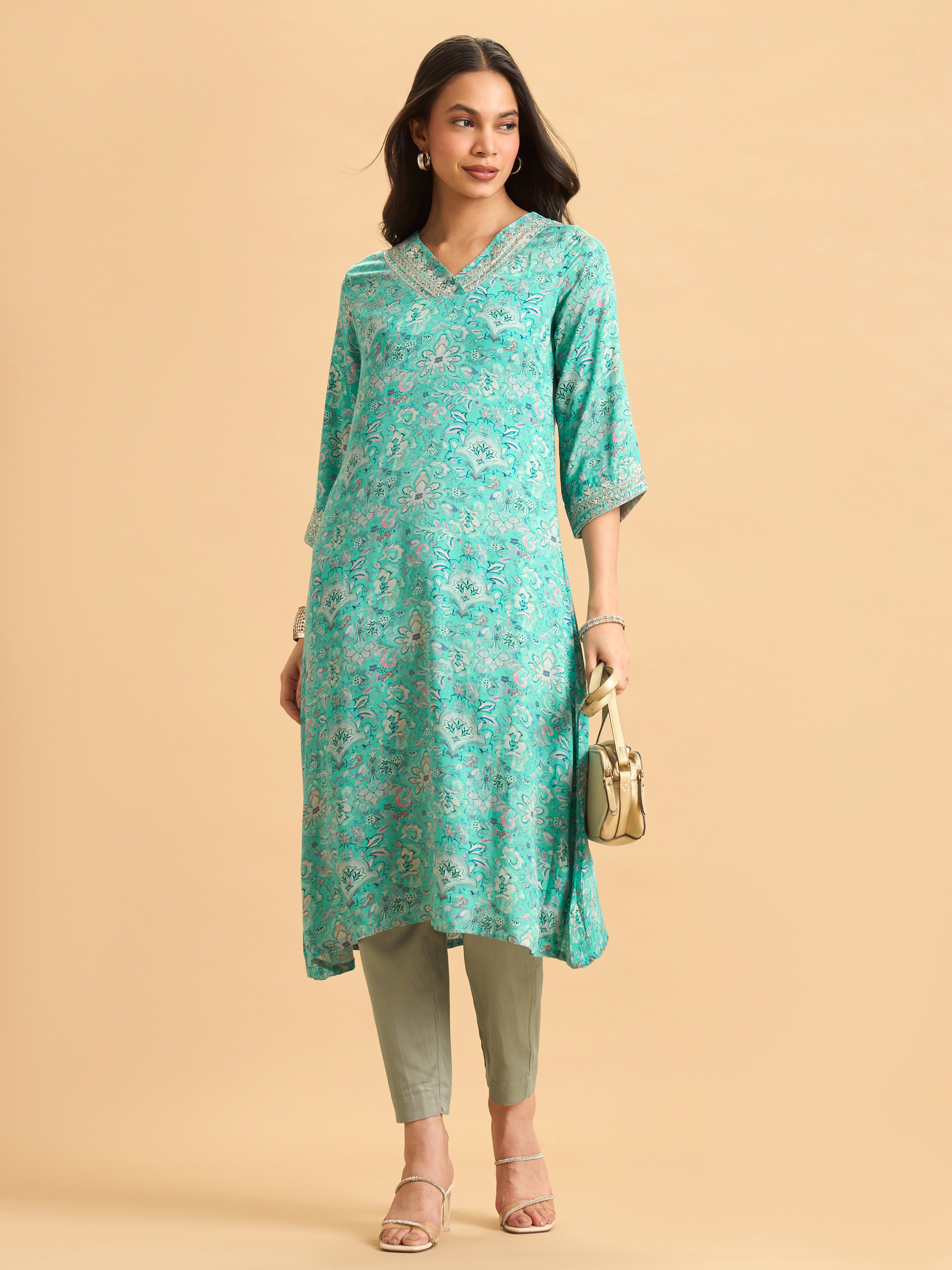 Aqua Blue Modal Satin Printed Kurti Set With Hand Work