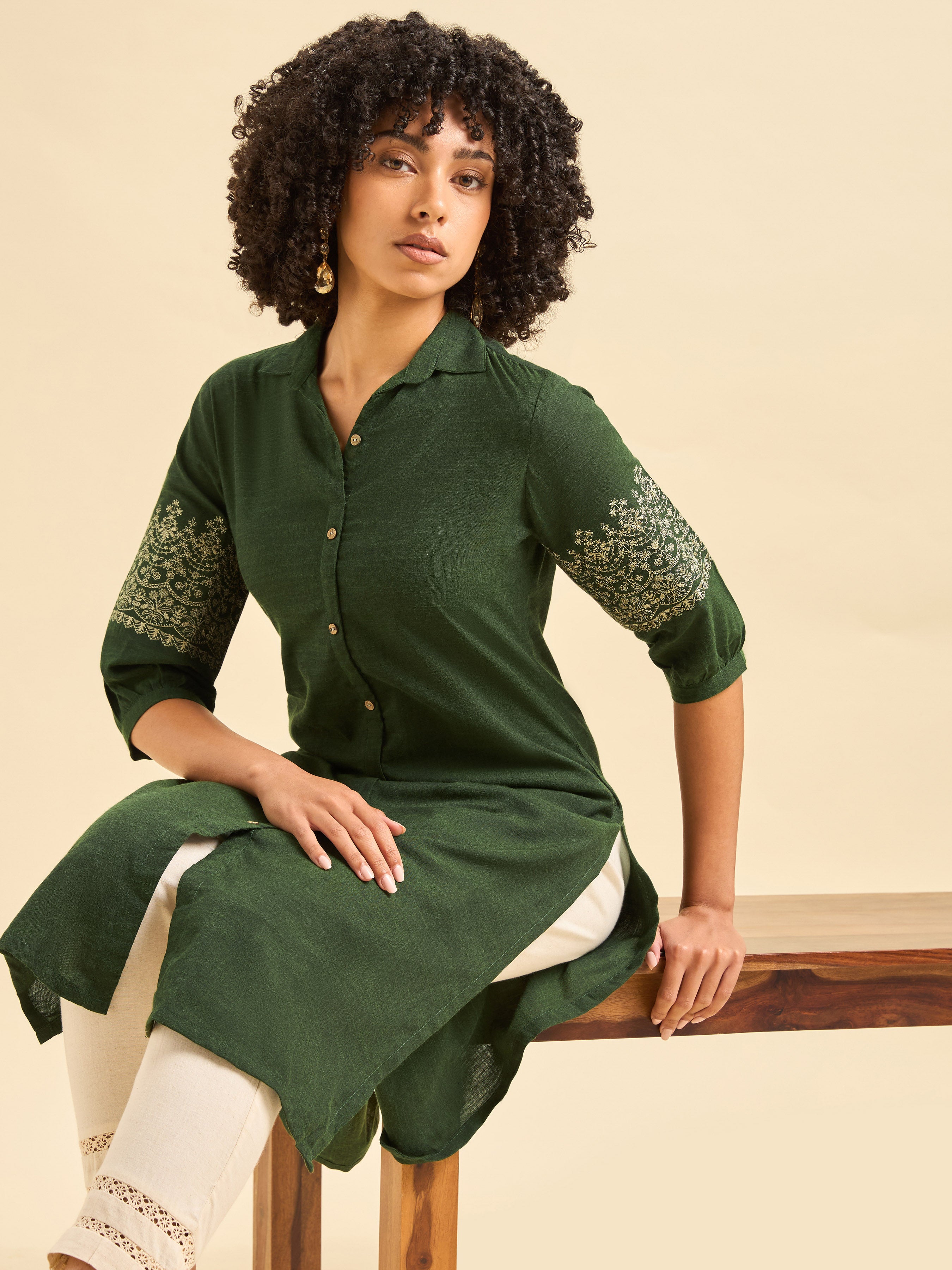 Olive Green Cotton Viscose Kurti With Embroidery