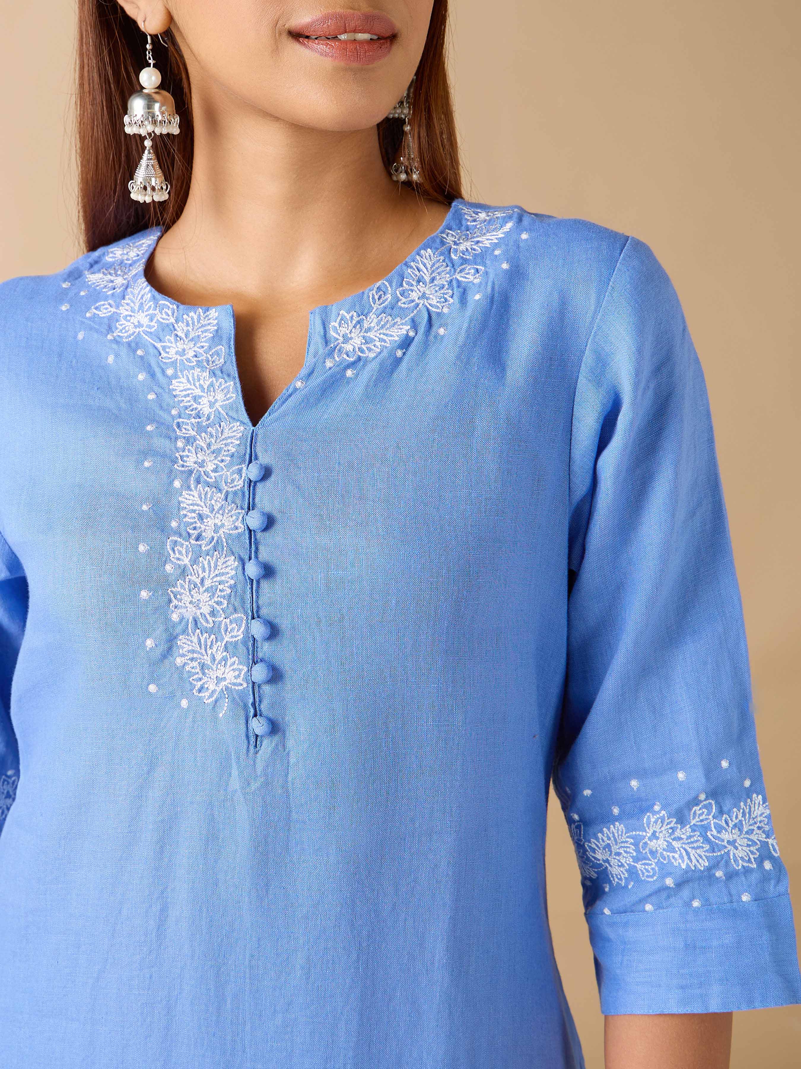 Blue Linen Plain Kurthi With Embroidery And Matching Bottom