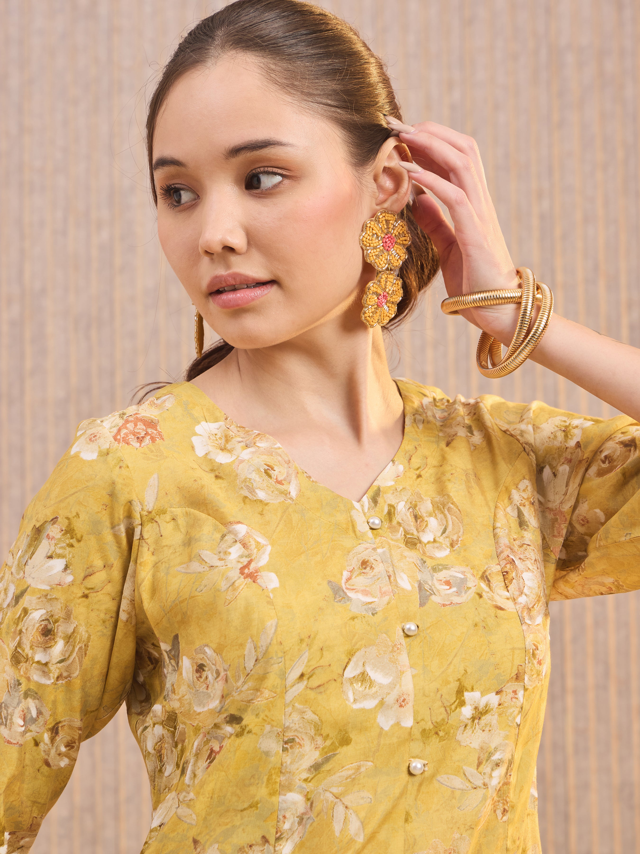Mustard Modal Chanderi Printed Kurti With Princess Cut