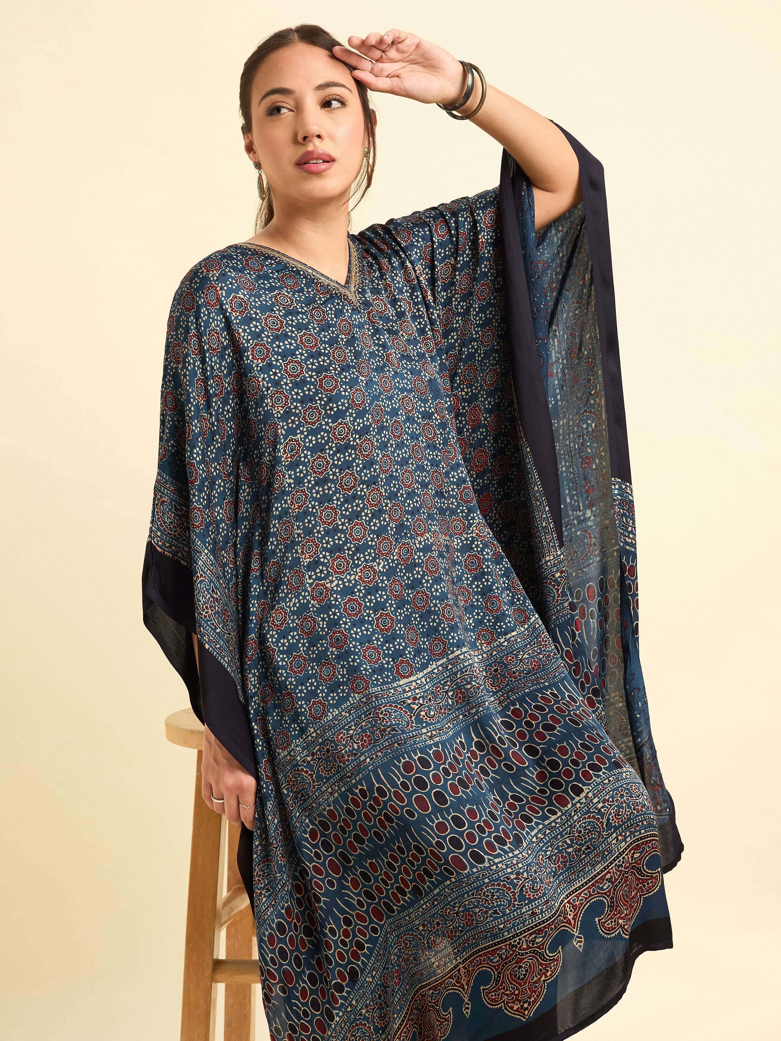 Navy Blue Multi Colour Modal Satin Kaftan With Sequins Embroidery