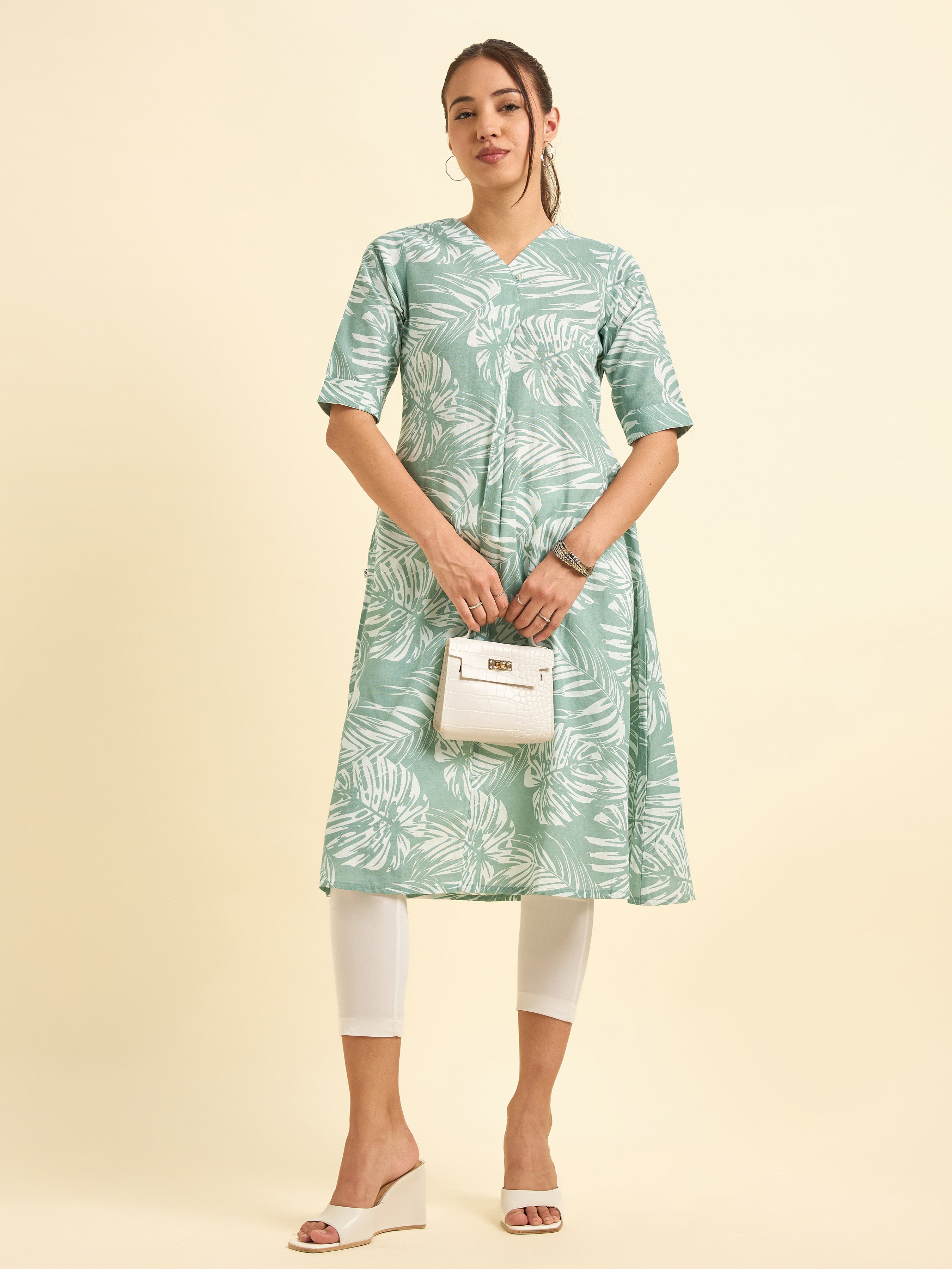Sage Green And White Cotton Linen Printed Flared Kurti With Knife Pleat