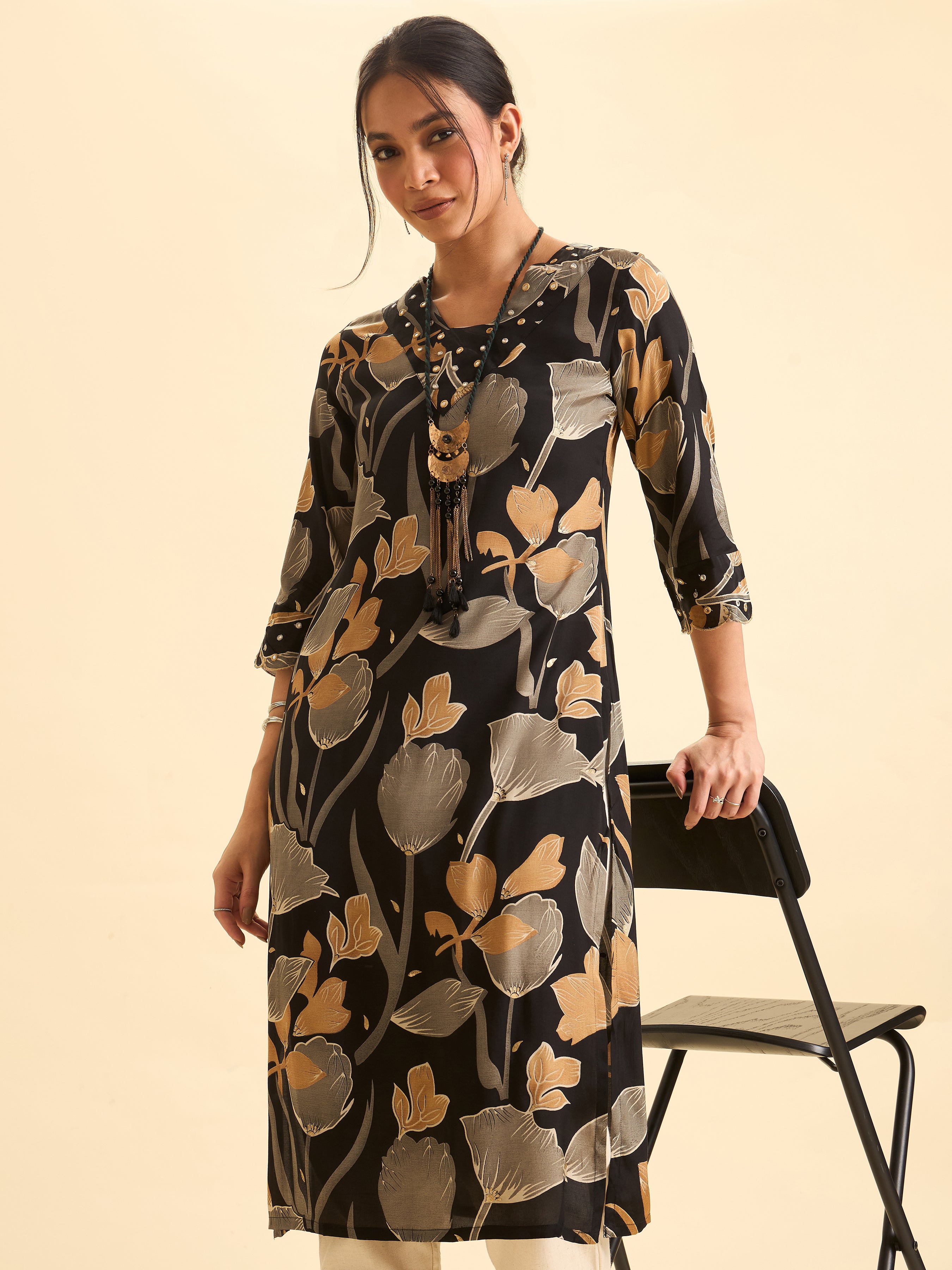 Black Modal Satin Slitted Kurti With Multi Colour Print And Mirror Work