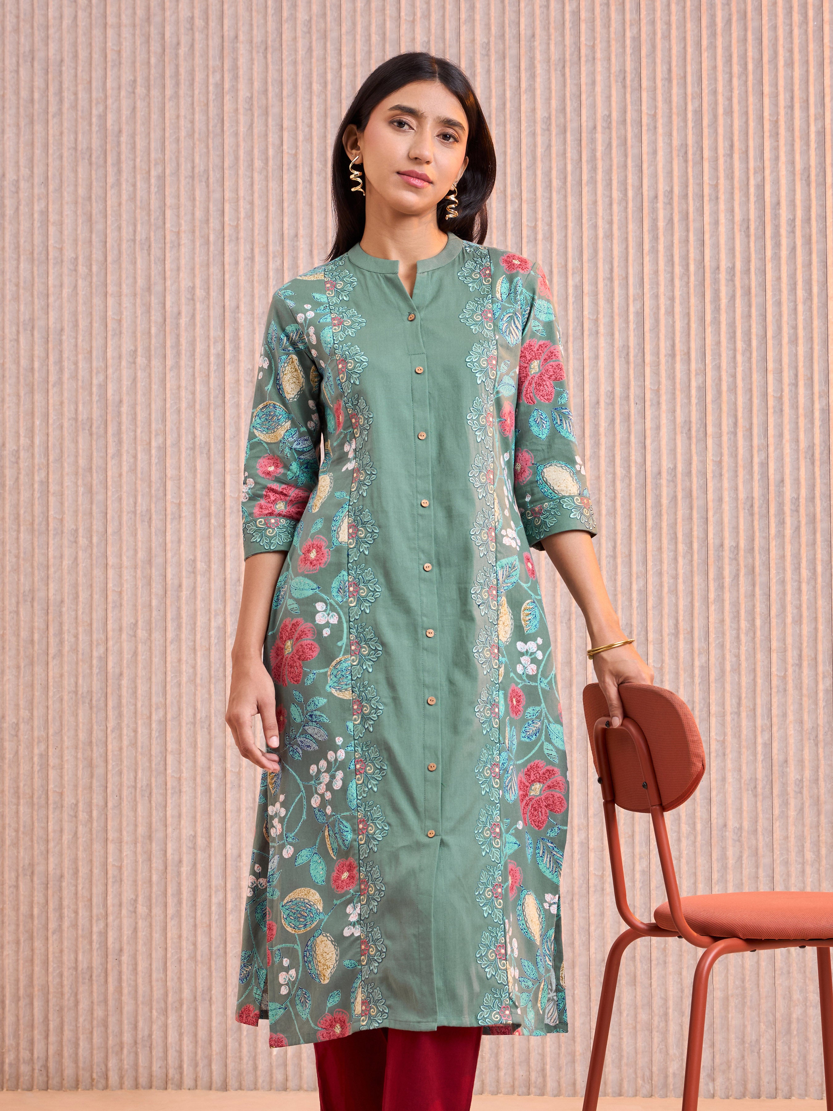 Sage Green Cotton Flax Printed Kurti With Embroidery