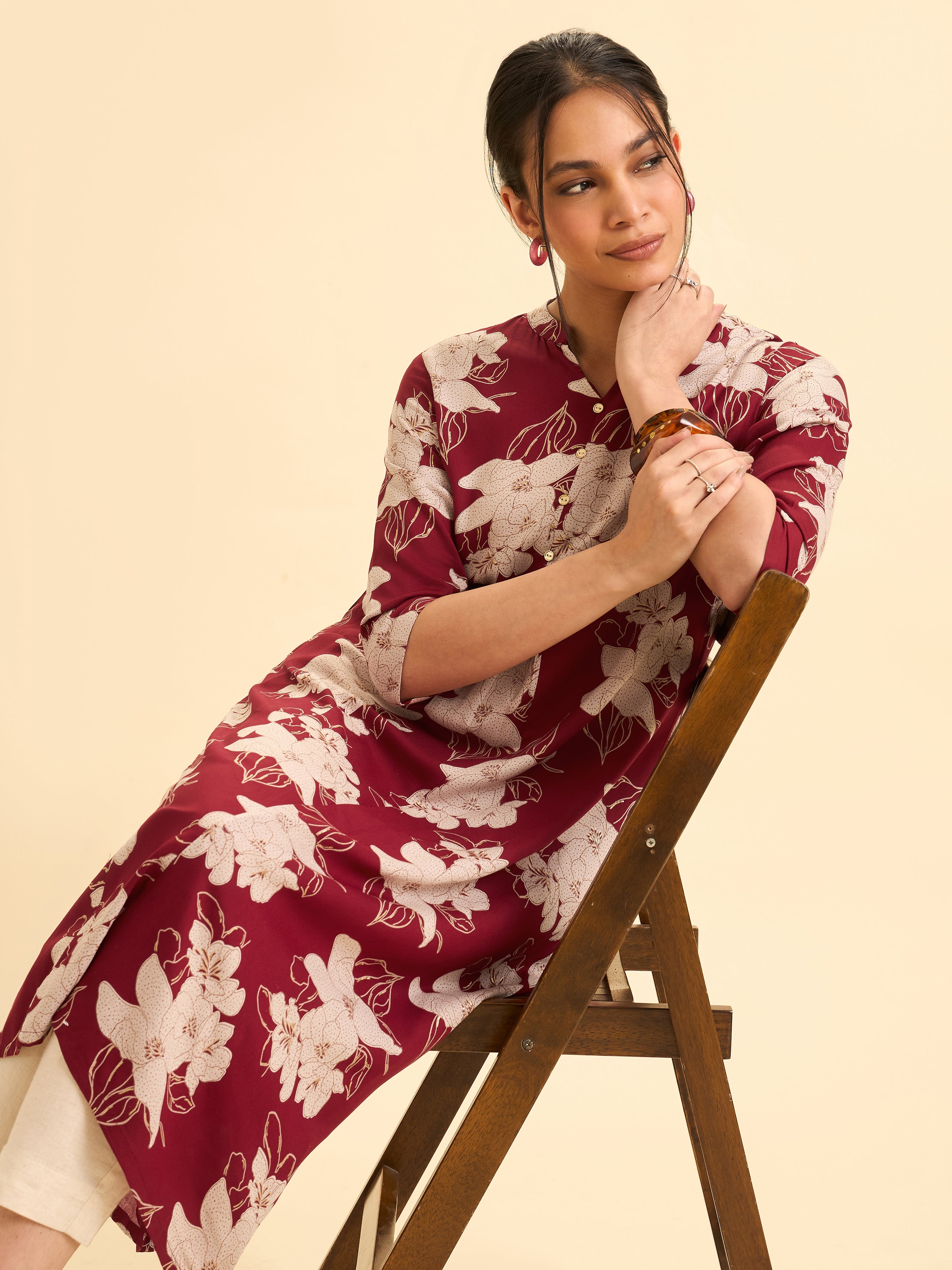 Red And Ivory Viscose Printed Flared Angrakha Kurti