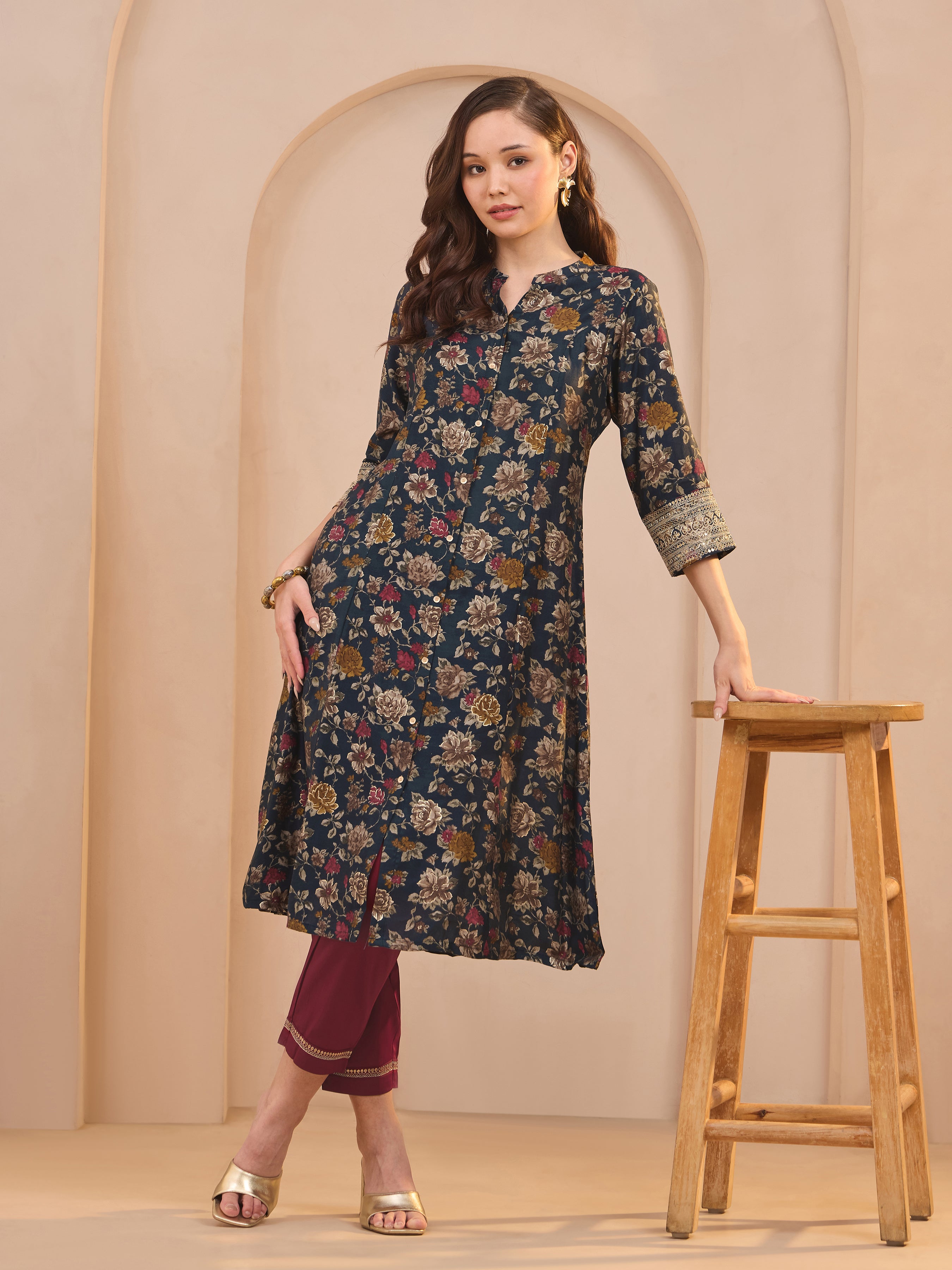 Navy Blue Modal Chanderi Printed Kurti With Embroidery And Matching Bottom