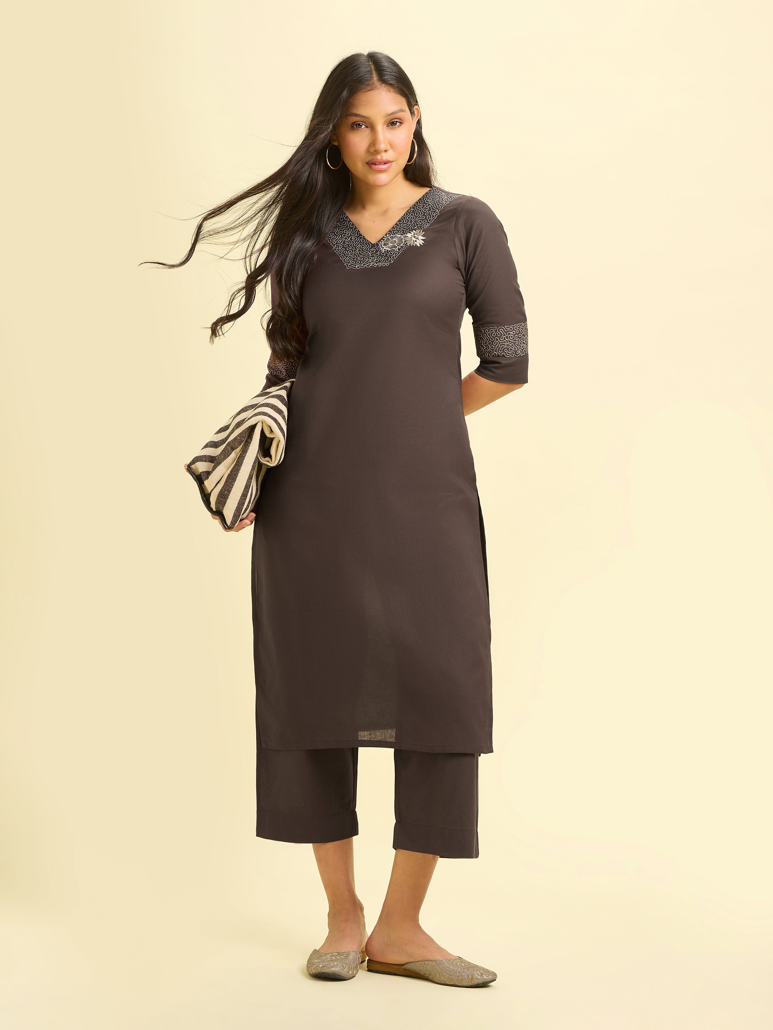 Coffee Brown Cotton Flax Slit Cord Set With Embroidery