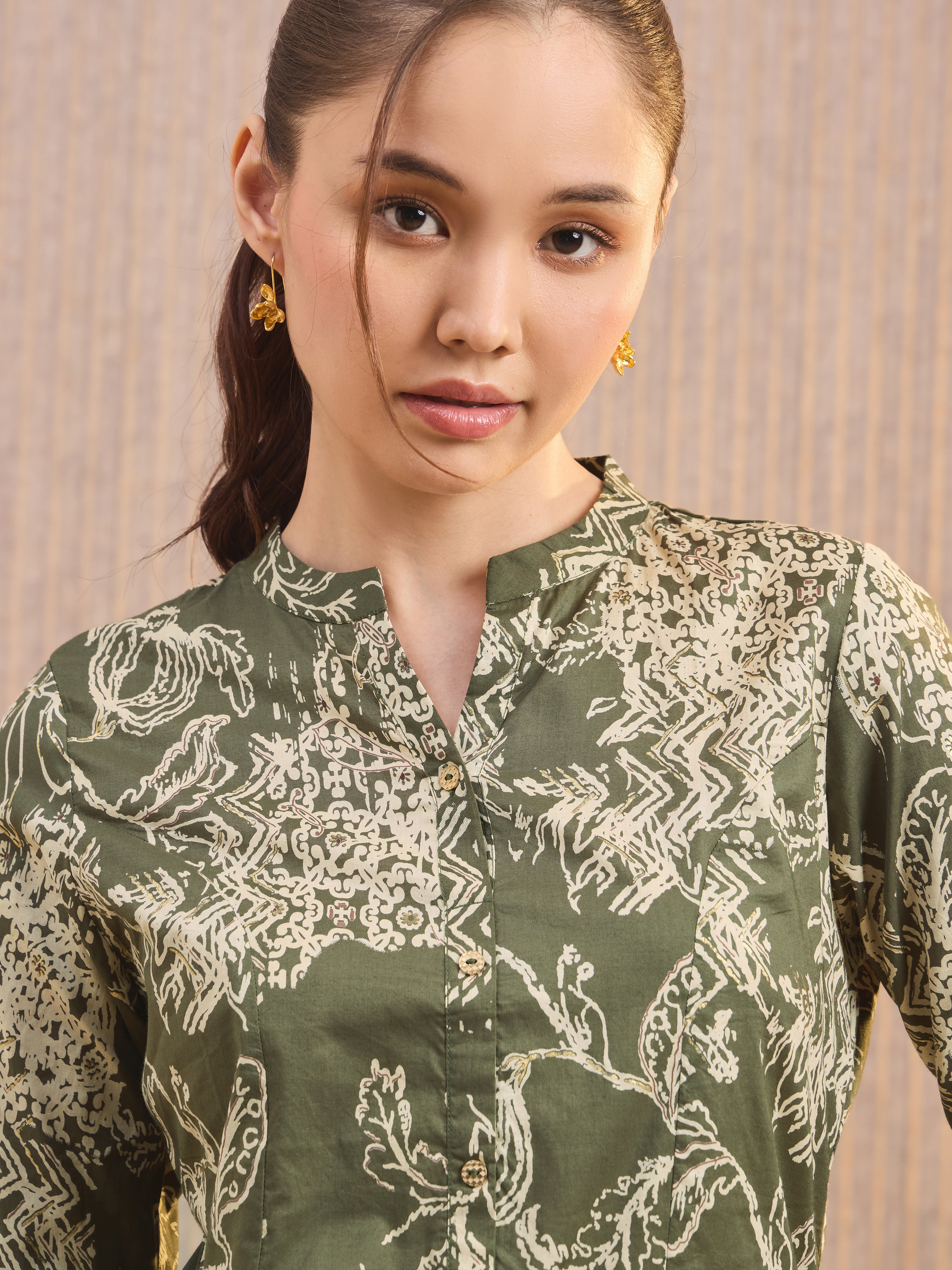 Olive Green Pure Cotton Foil Printed Kuti With Sequins Embroidery