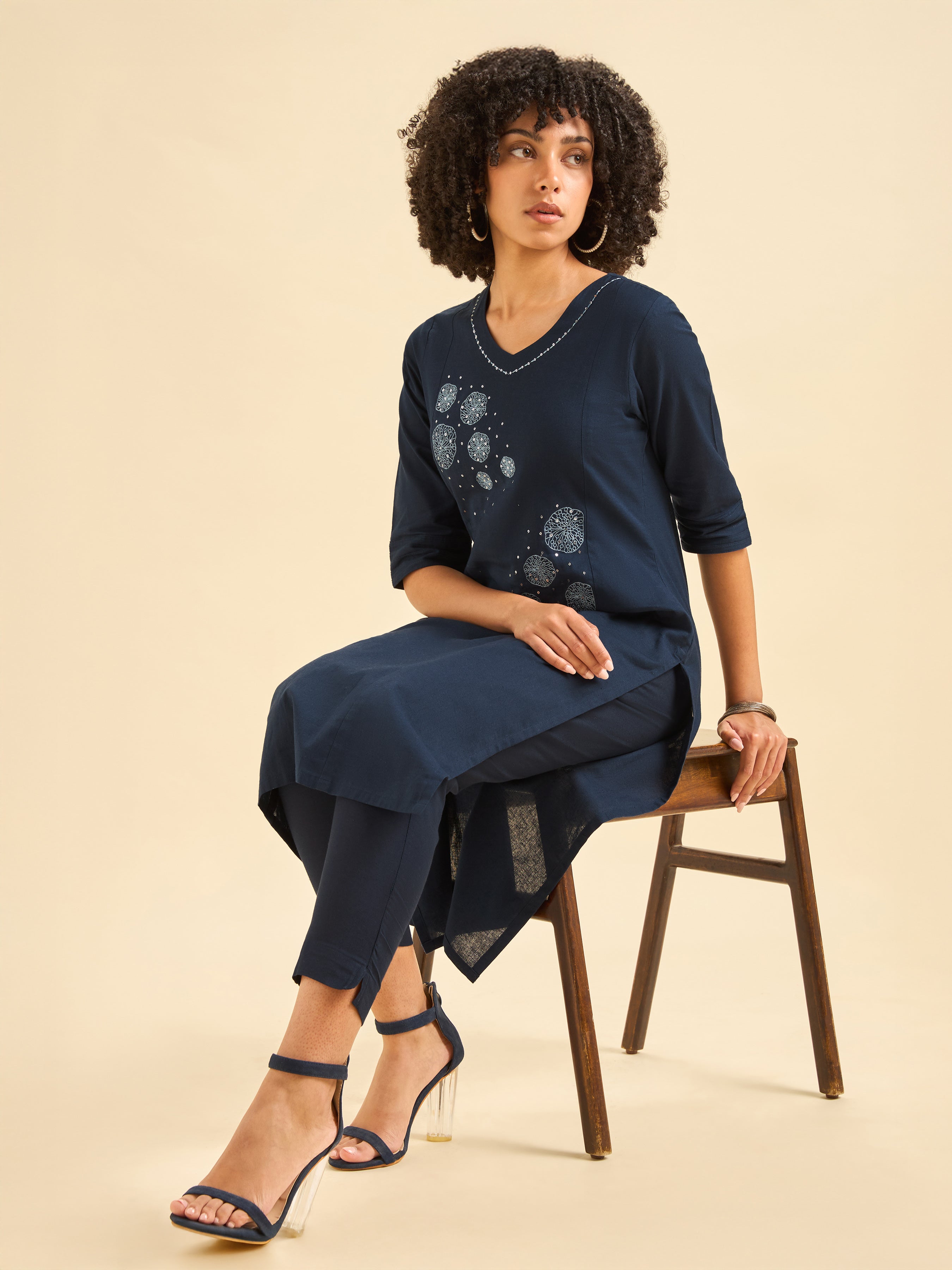 Navy Blue Cotton Flax Kurti With Sequins Embroidery