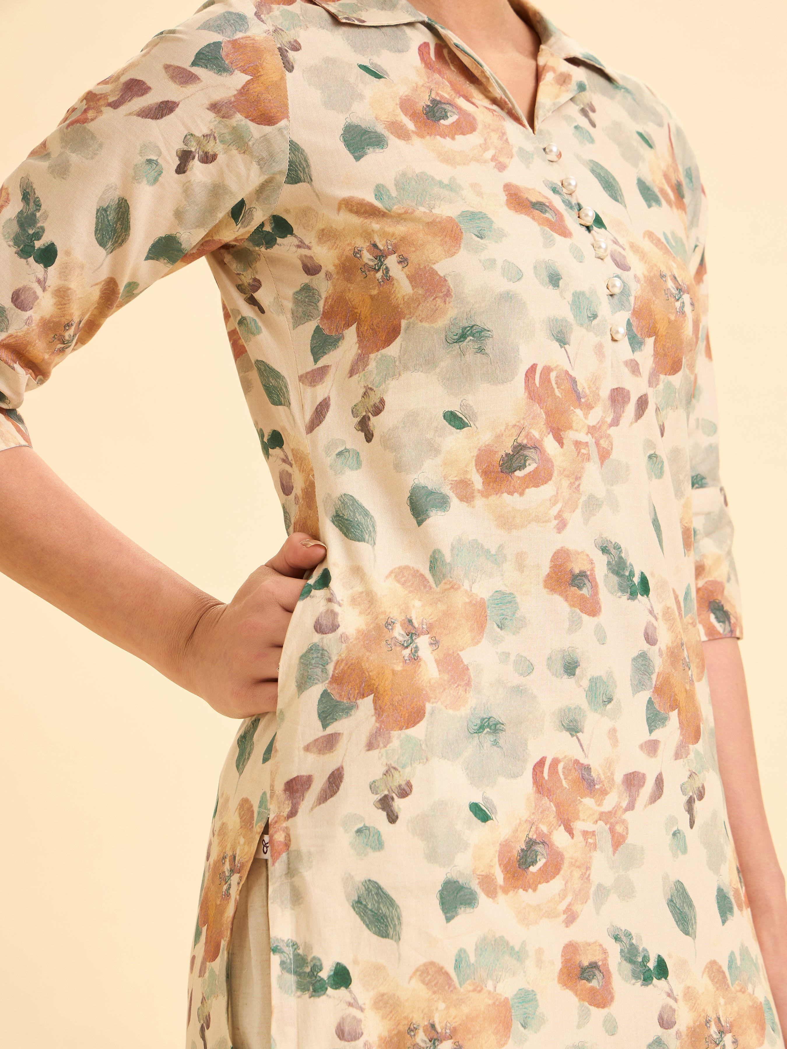 Ivory Cotton Printed Slited Kurti With Multi Colour Print