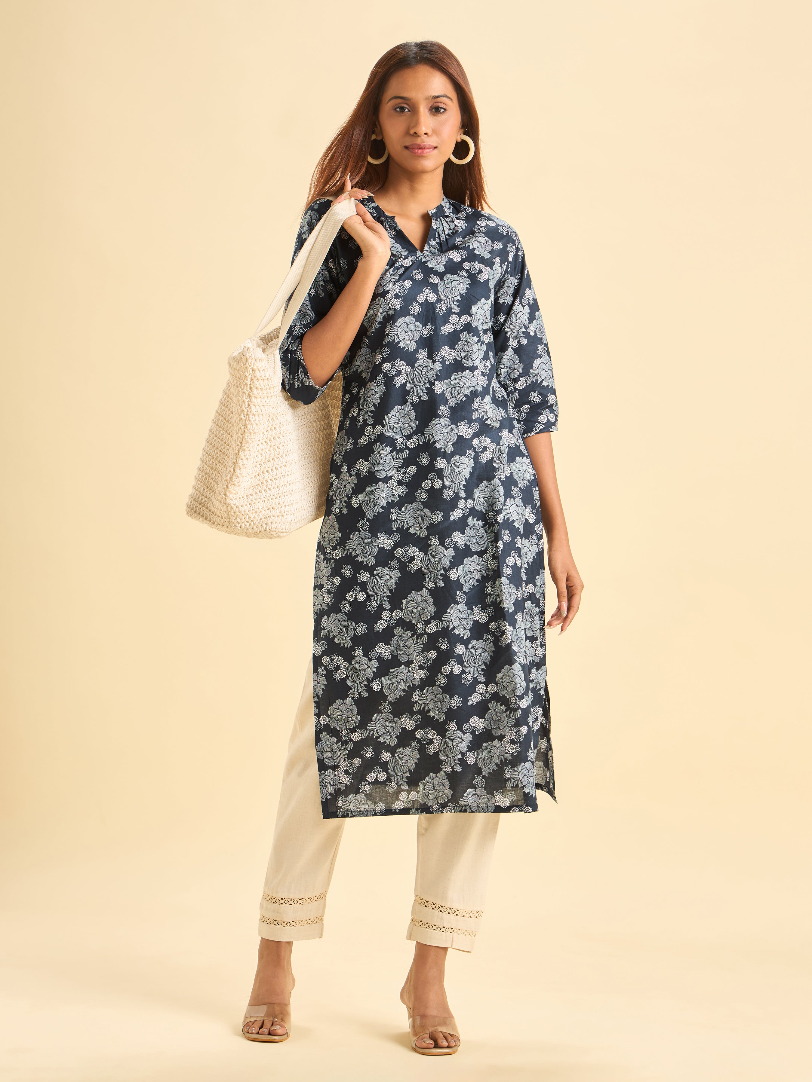 Navy Blue And White Pure Cotton Printed Slited Kurti With Gathers
