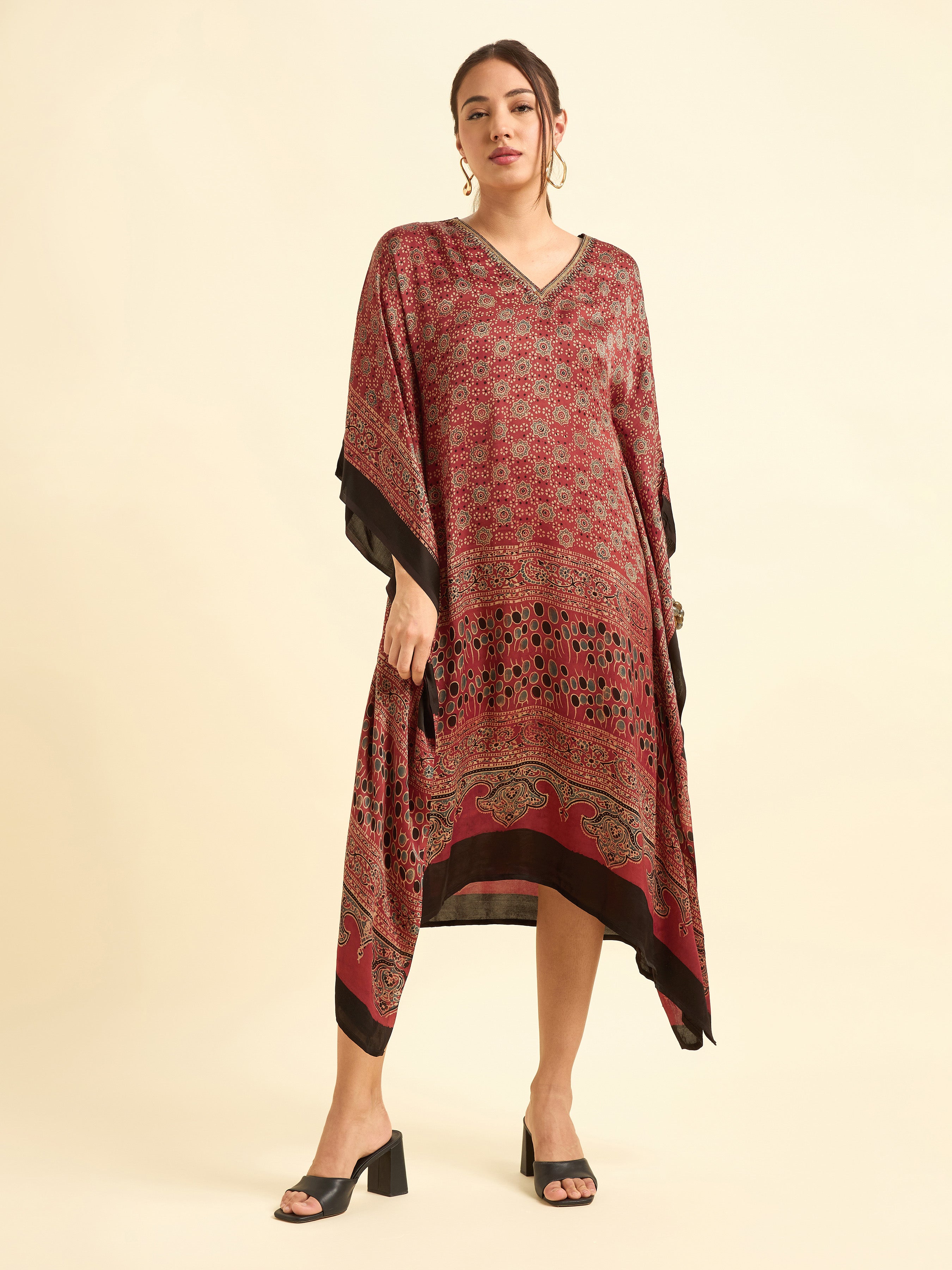 Women Wearing Maroon Multi Colour Modal Satin Kaftan  With Embroidery Sequins Work