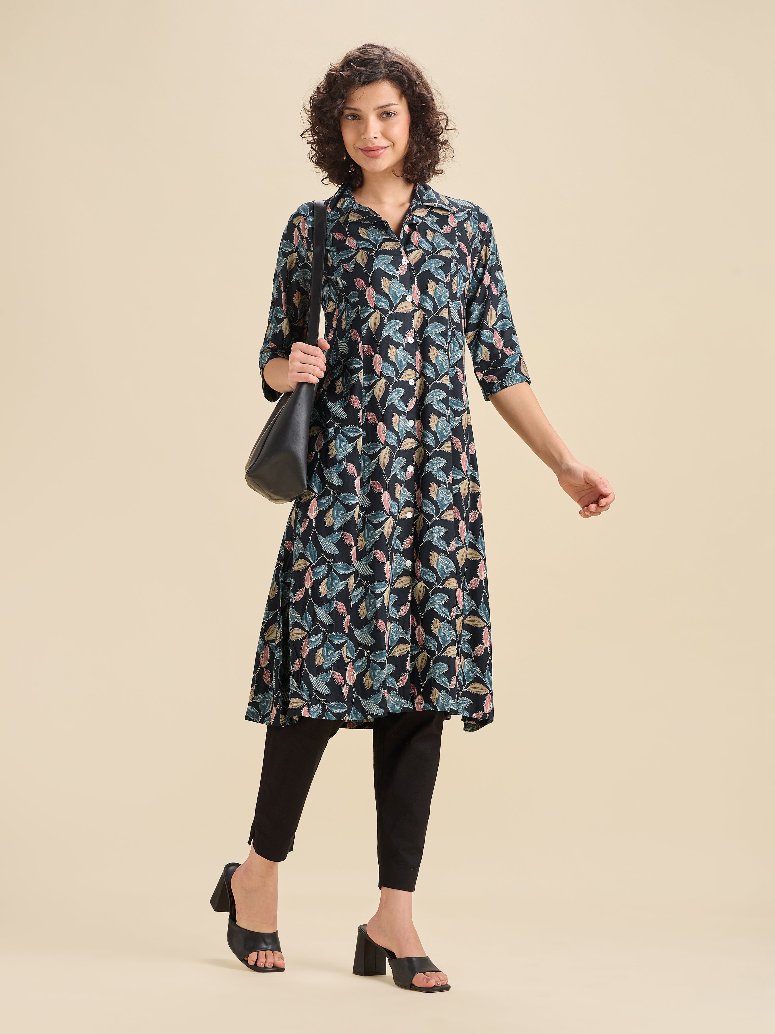 Navy Blue Viscose Printed Kurti With Shirt Collar