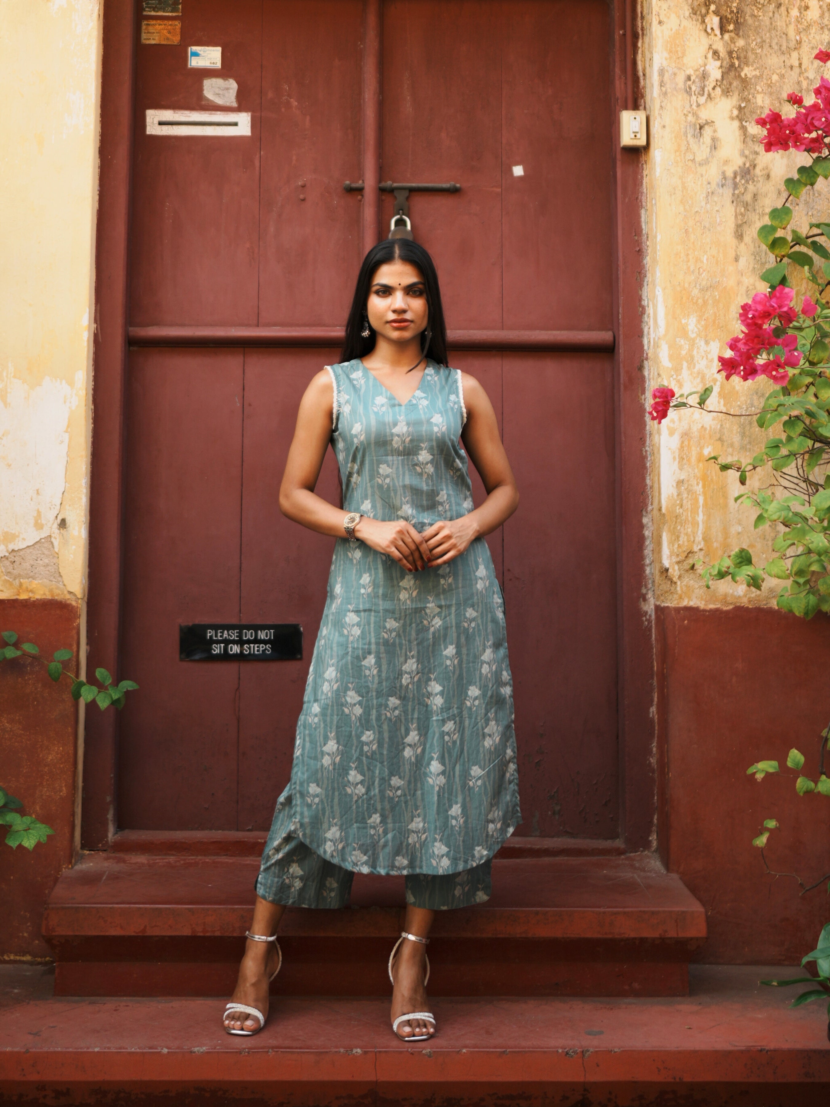 Sage Green Muticolour Pure Cotton Printed Slited Kurti Set With Lace