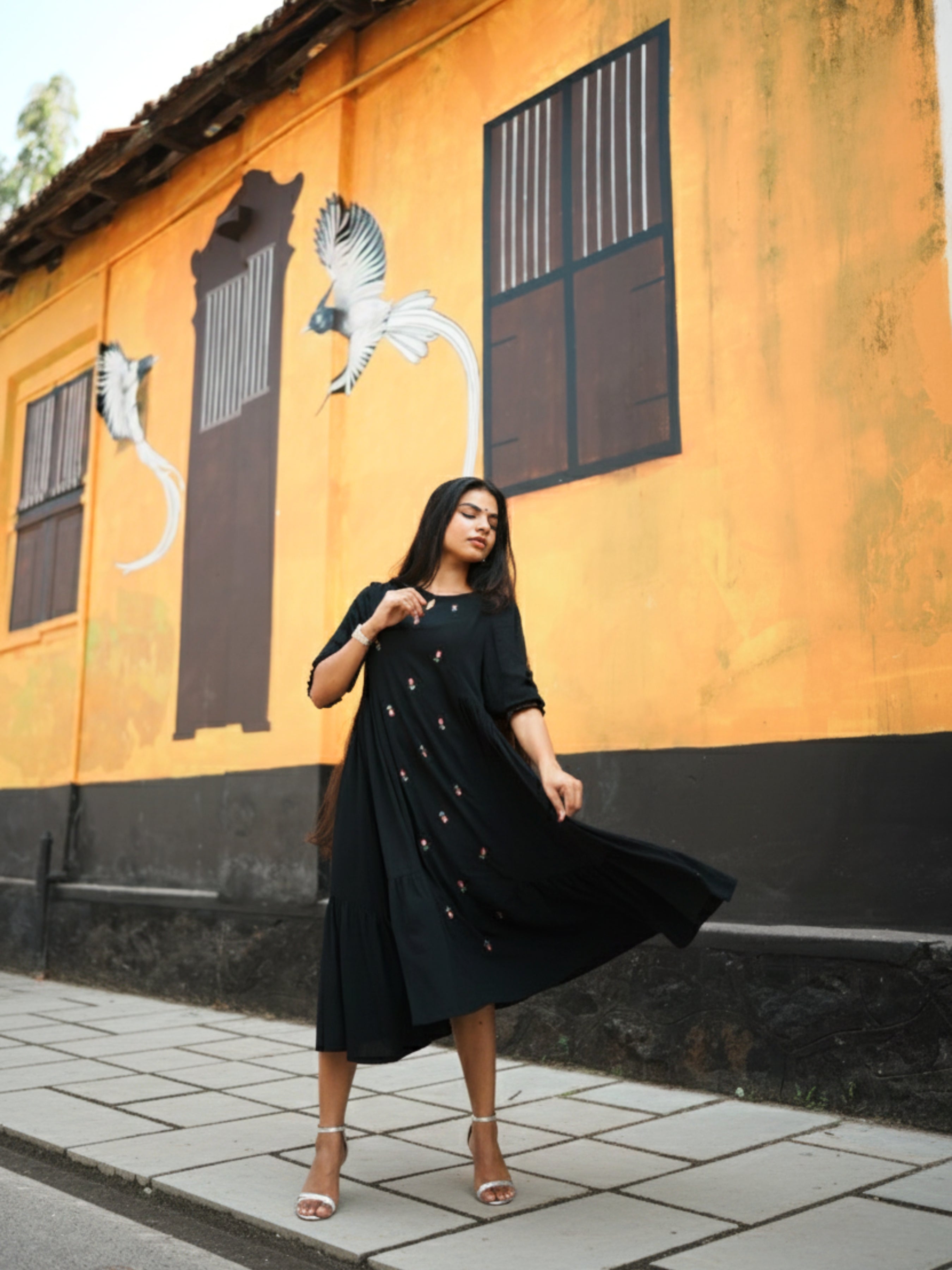 Black Wrinkle Viscose Flared Plain Kurti With Embroidery