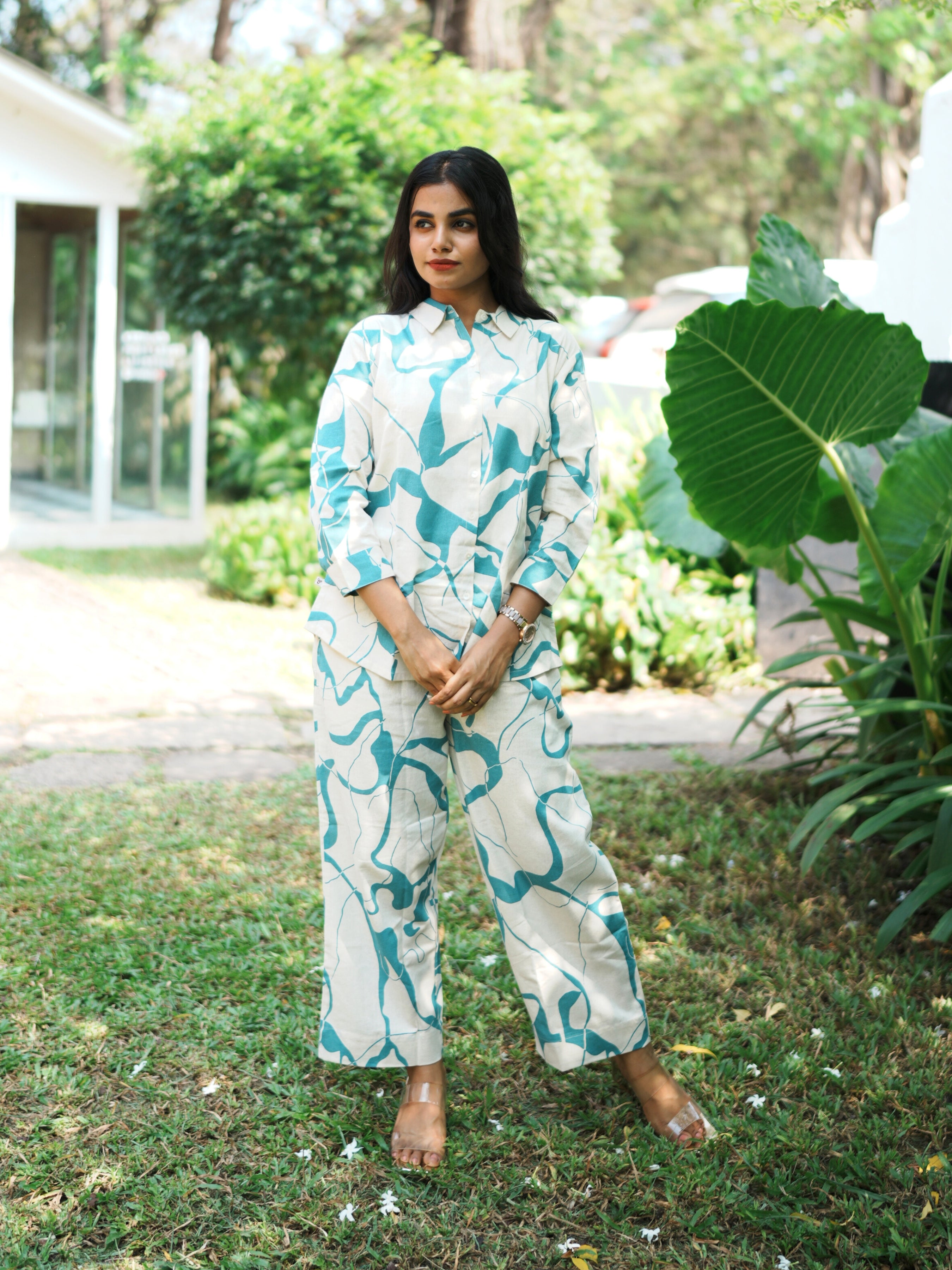 Ivory And Teal Cotton Flax Printed Tunic With Parallel Pant