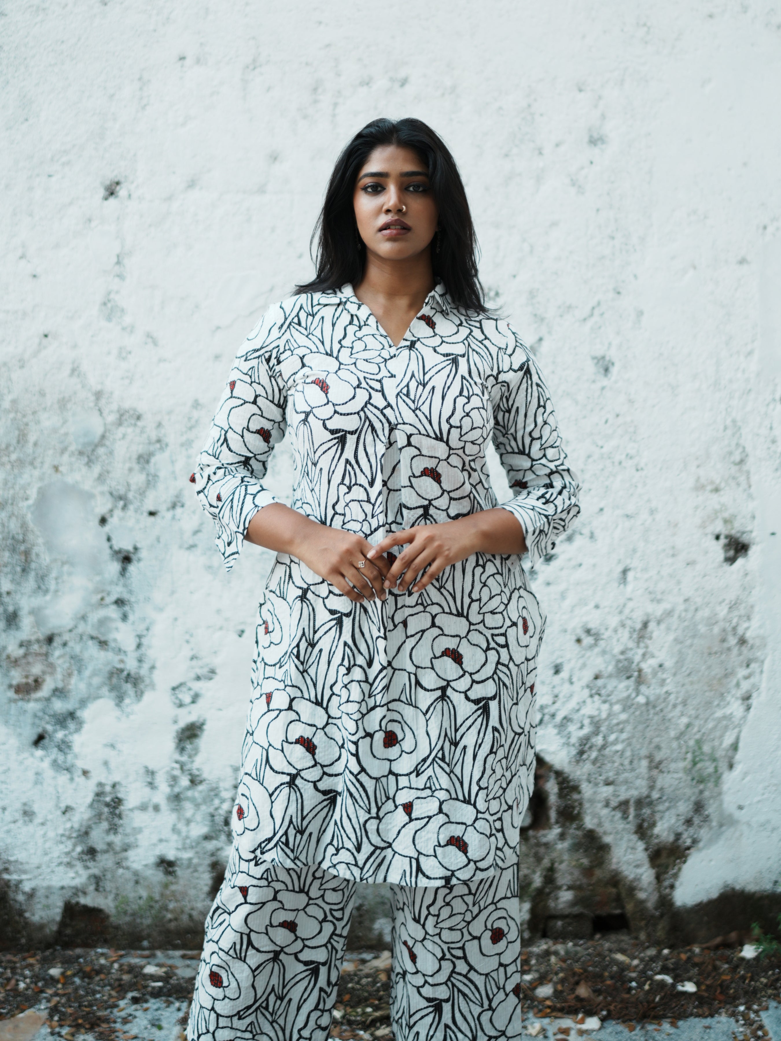 White And Black Pure Cotton Katha Printed Kurti Set With Curved Hem