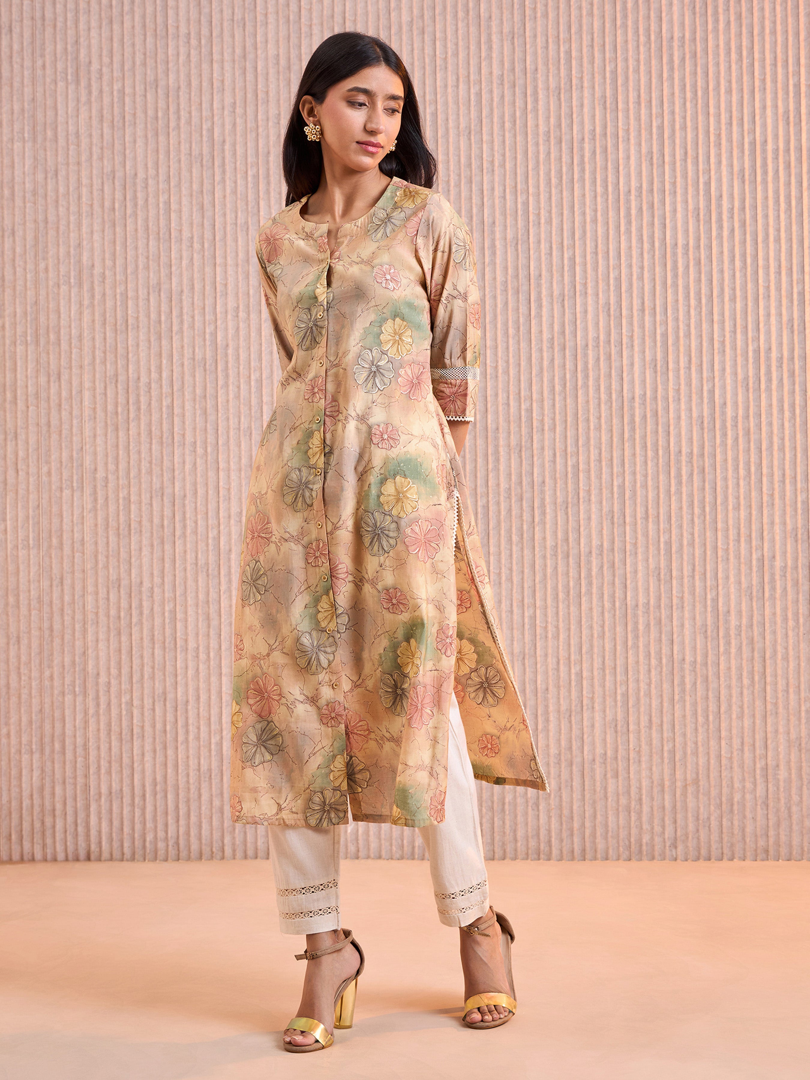 Beige Modal Chanderi Foil Printed Kurti With Lace Detailing