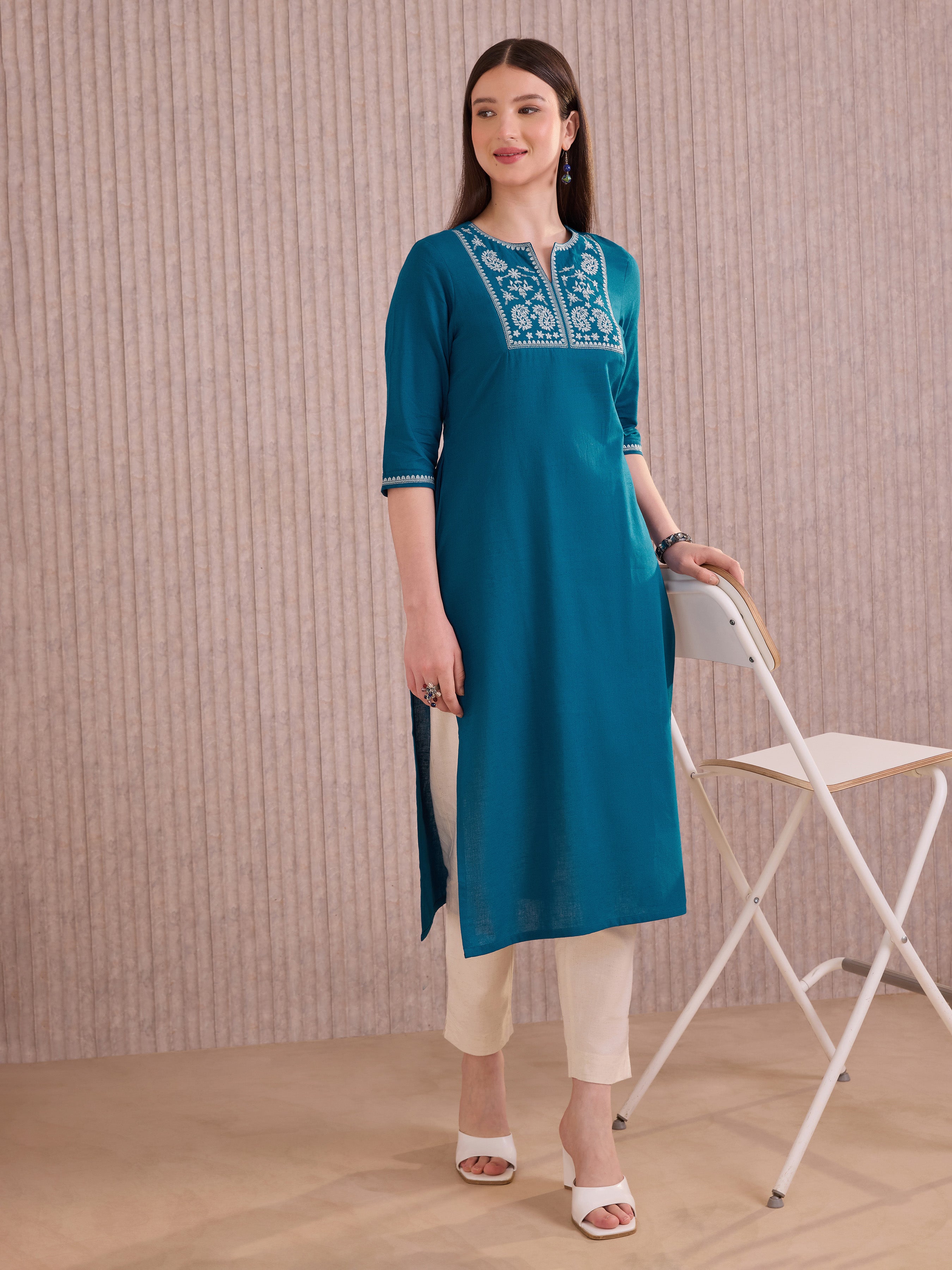 Blue Cotton Flax Kurti With Embroidery