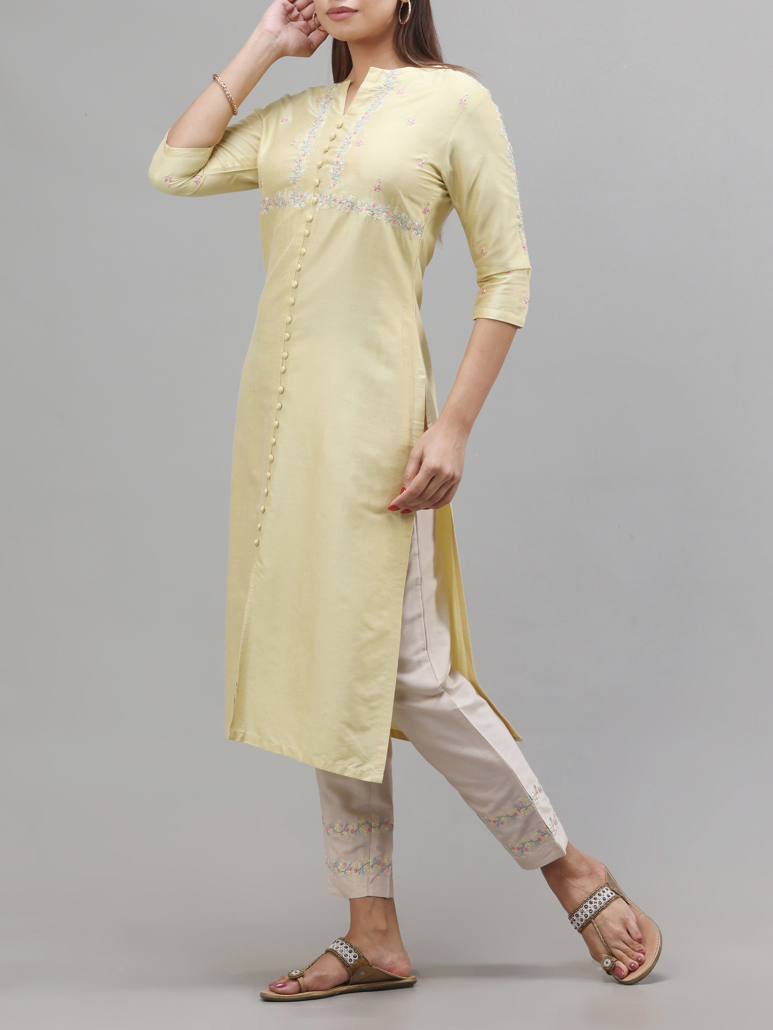 Yellow Poly Viscose Kurti With Embroidery And Matching Bottom