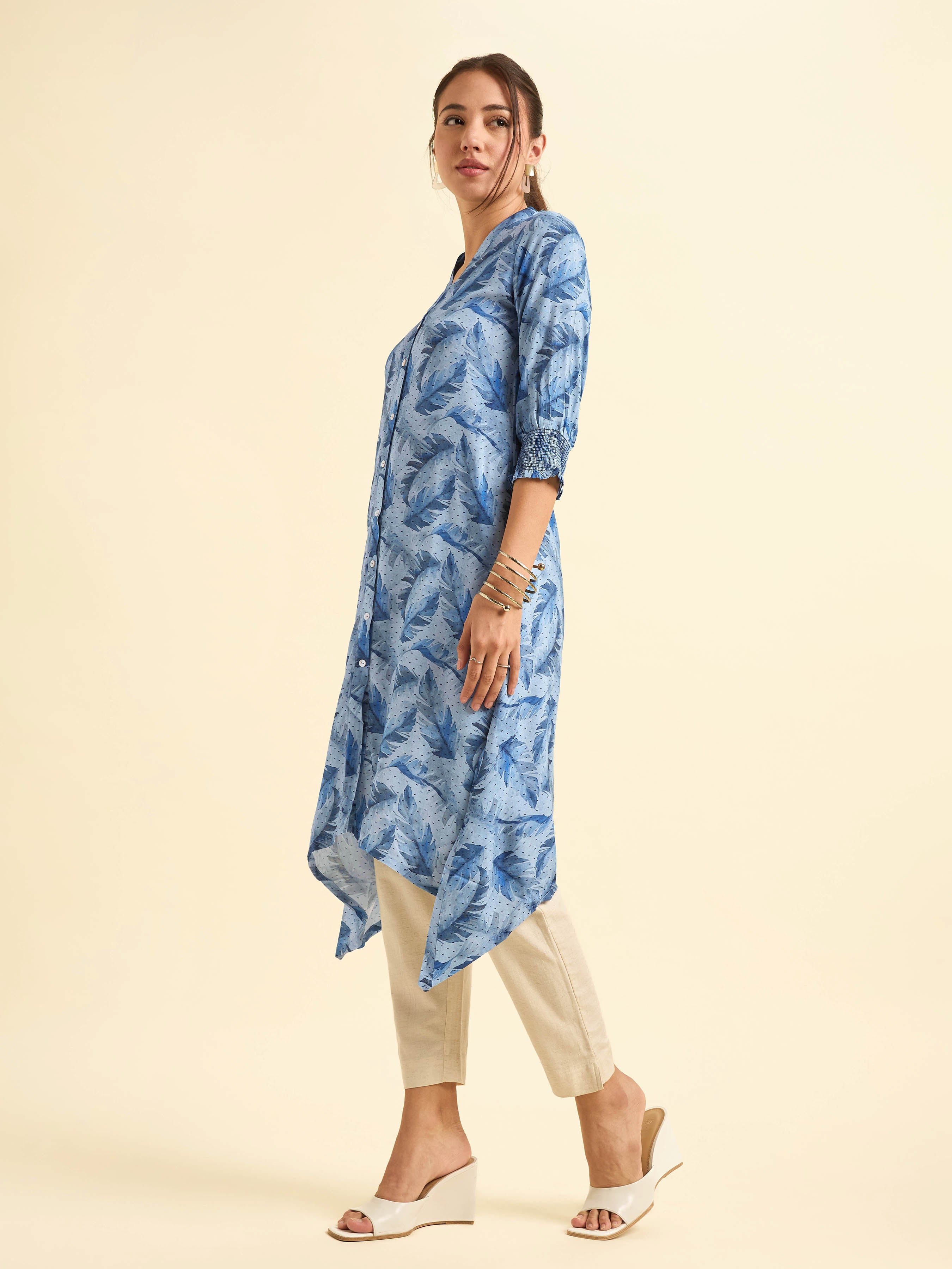 Blue Multi Colour Viscose Dobby Printed Kurti With Smocking And Shaped Hemline
