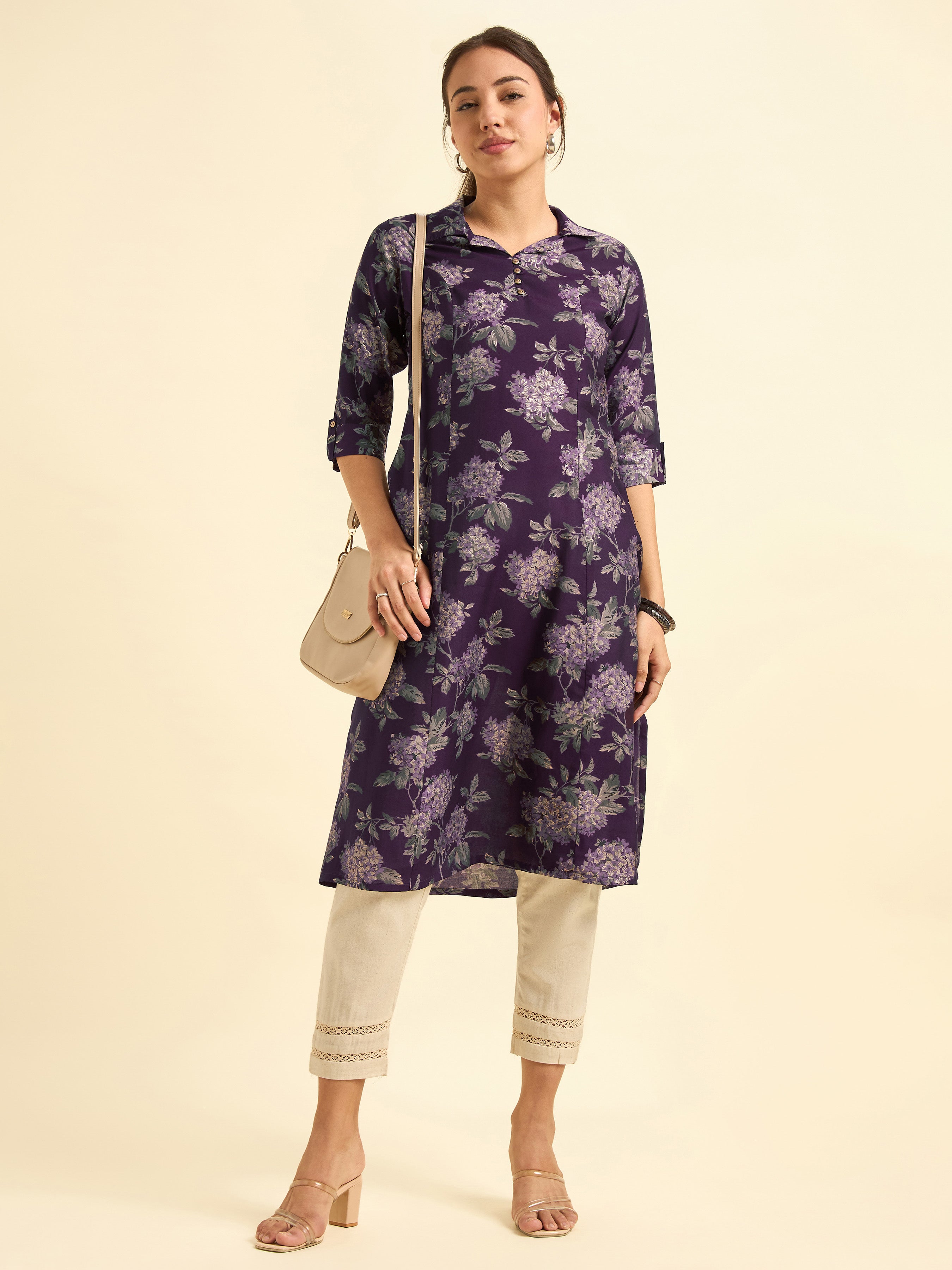 Purple Modal Chanderi Flared Printed Kurti With Princesscut